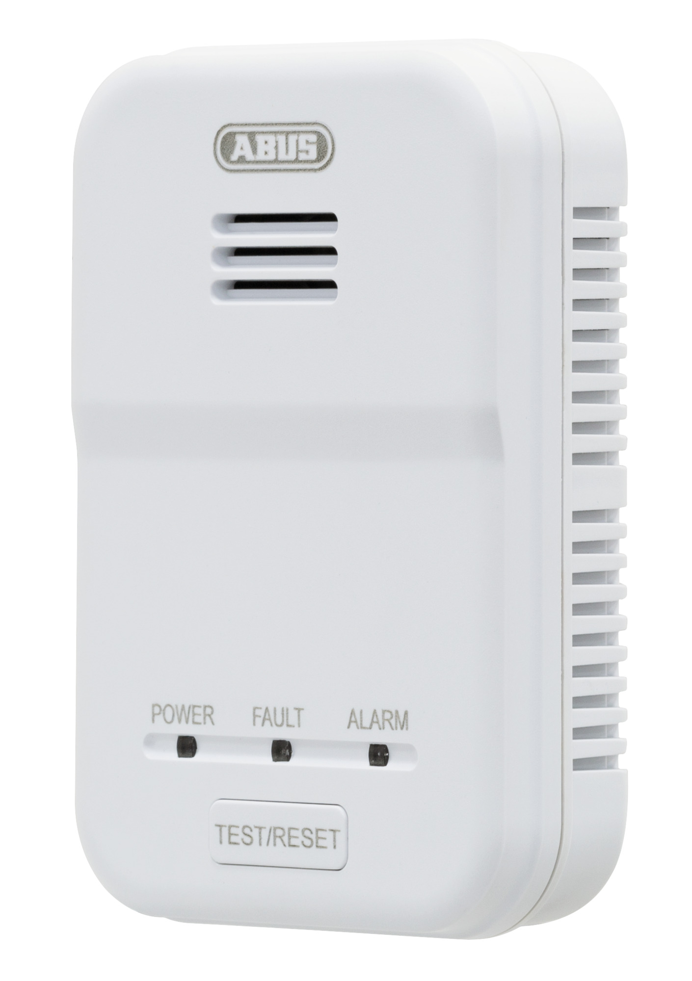 Ein weißes ABUS-Gerät mit Strom-, Fehler- und Alarmanzeigen, einer Test/Reset-Taste und Lüftungsschlitzen.