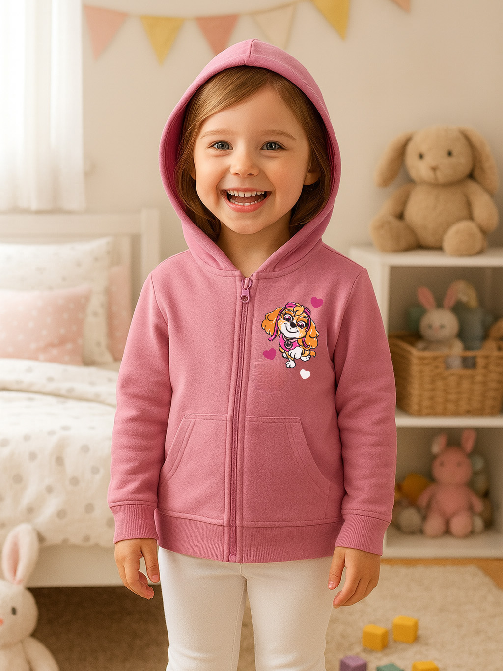 Ein lächelndes Mädchen trägt einen rosa Kapuzenpullover mit einem Hundegrafik. Sie ist in einem Zimmer mit Spielzeug und einem Bett.