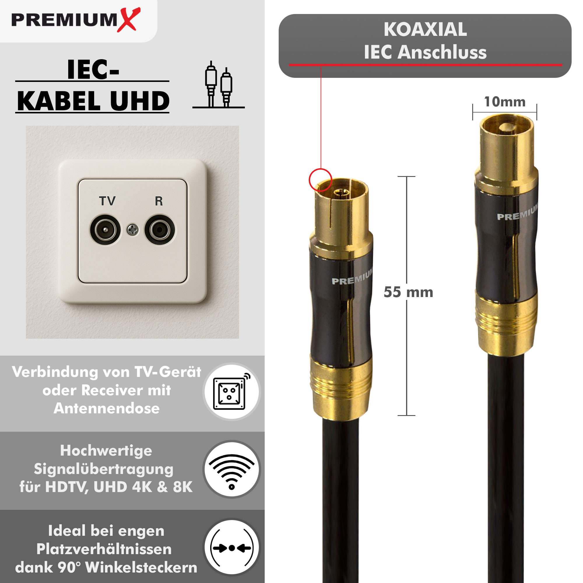 Koaxialkabel mit IEC-Anschluss, neben einer TV-Steckdose. Text enthält Produktspezifikationen und Funktionen.