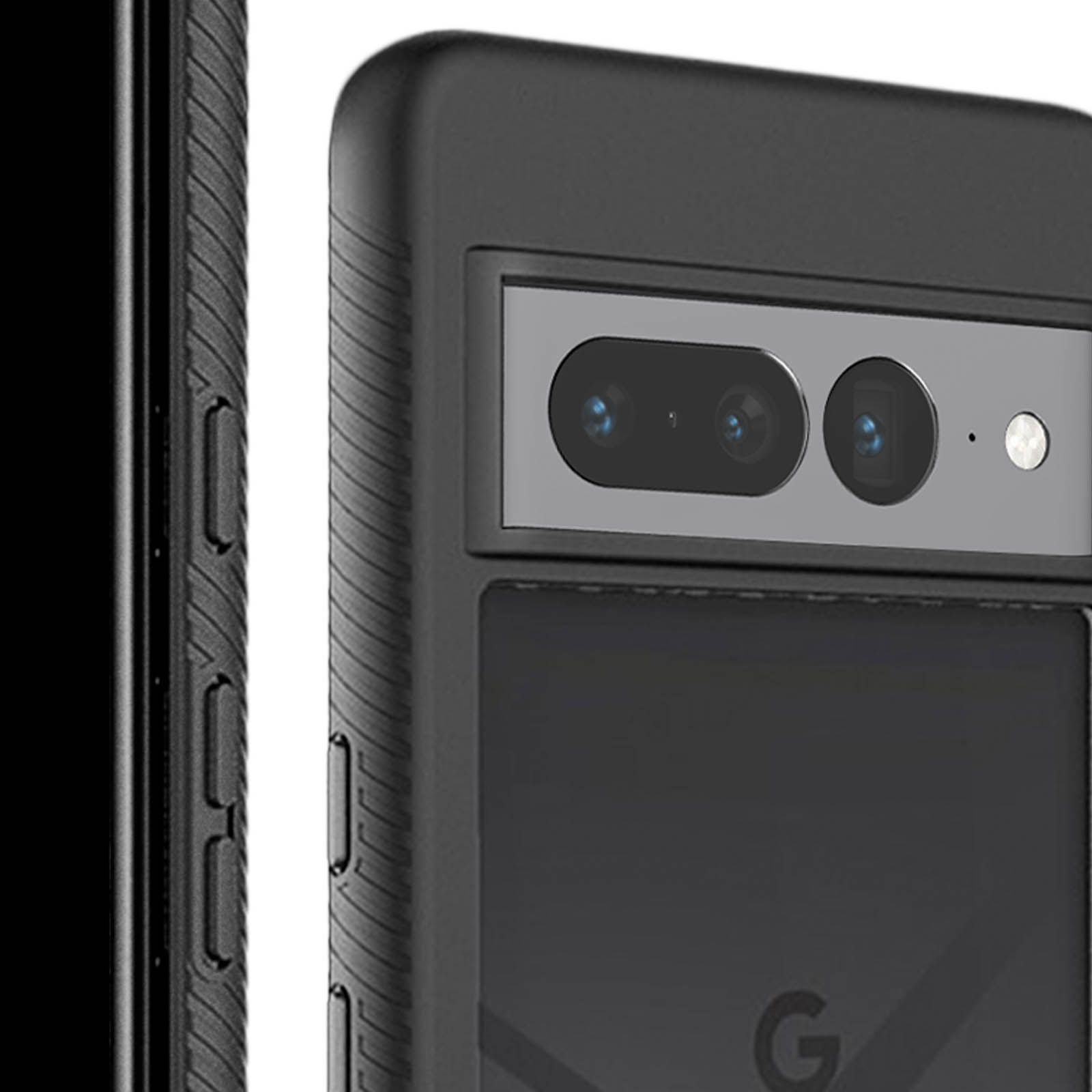 Primo piano di un telefono nero in una custodia. La fotocamera è visibile, con due obiettivi e un flash. Il logo di Google è visibile.