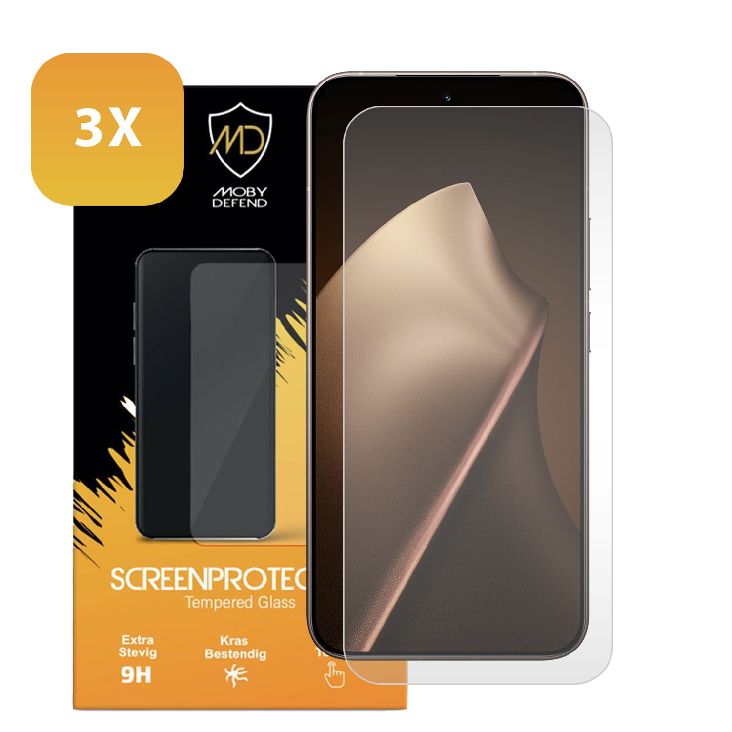Een set schermbeschermers. De verpakking toont een telefoon, een schermbeschermer en tekst in meerdere talen.