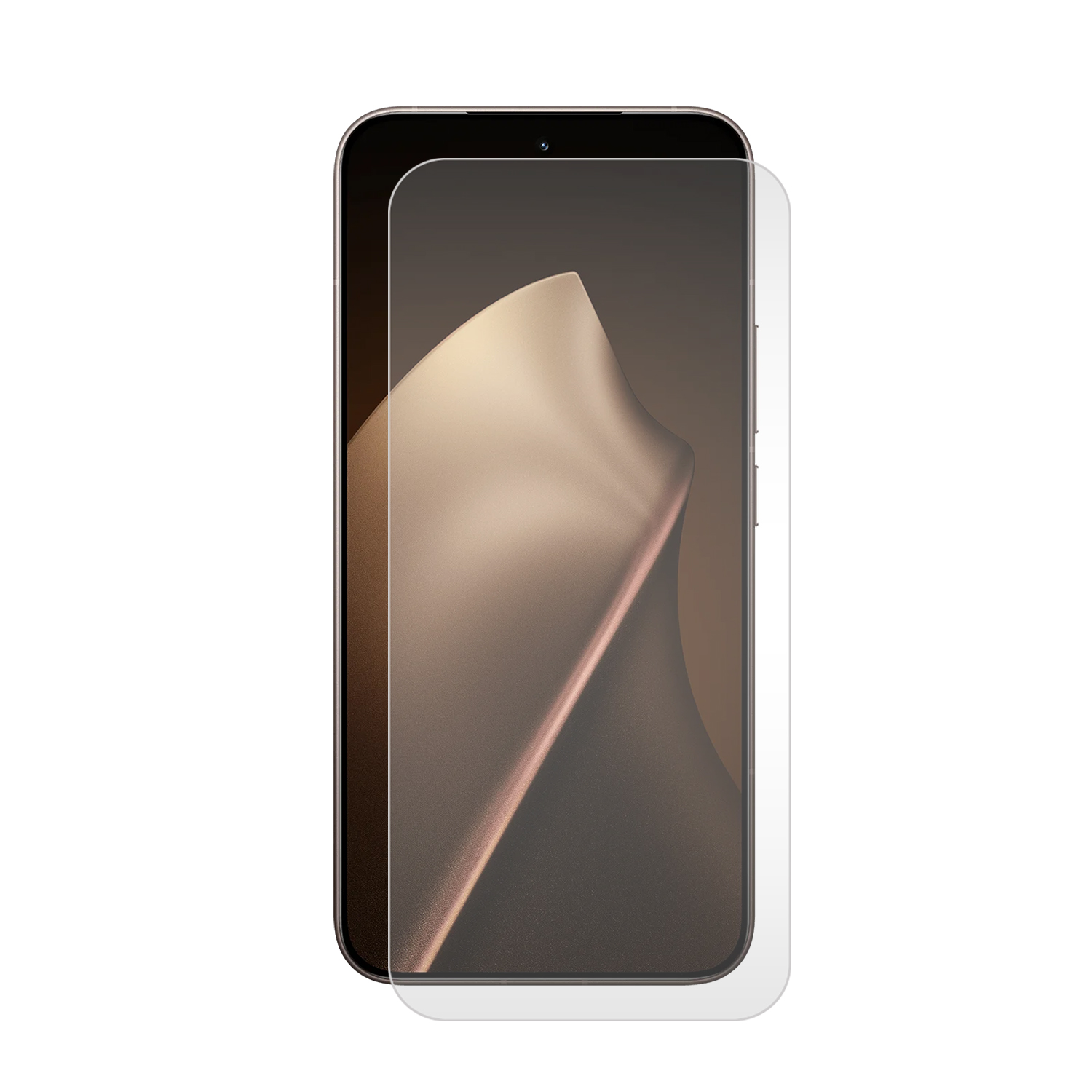 Un smartphone avec un protecteur d'écran appliqué. L'écran affiche un dégradé. Le protecteur est transparent et légèrement soulevé.