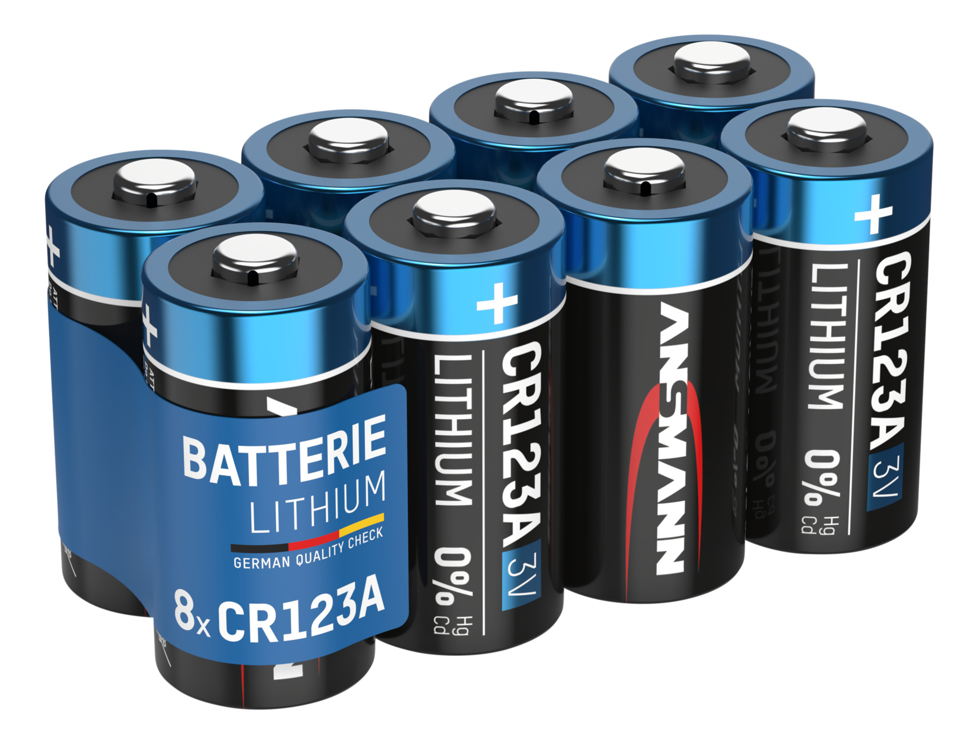 Acht CR123A Lithium-Batterien sind gruppiert. Sie sind schwarz mit blauen Details und weißem Text, vor weißem Hintergrund.