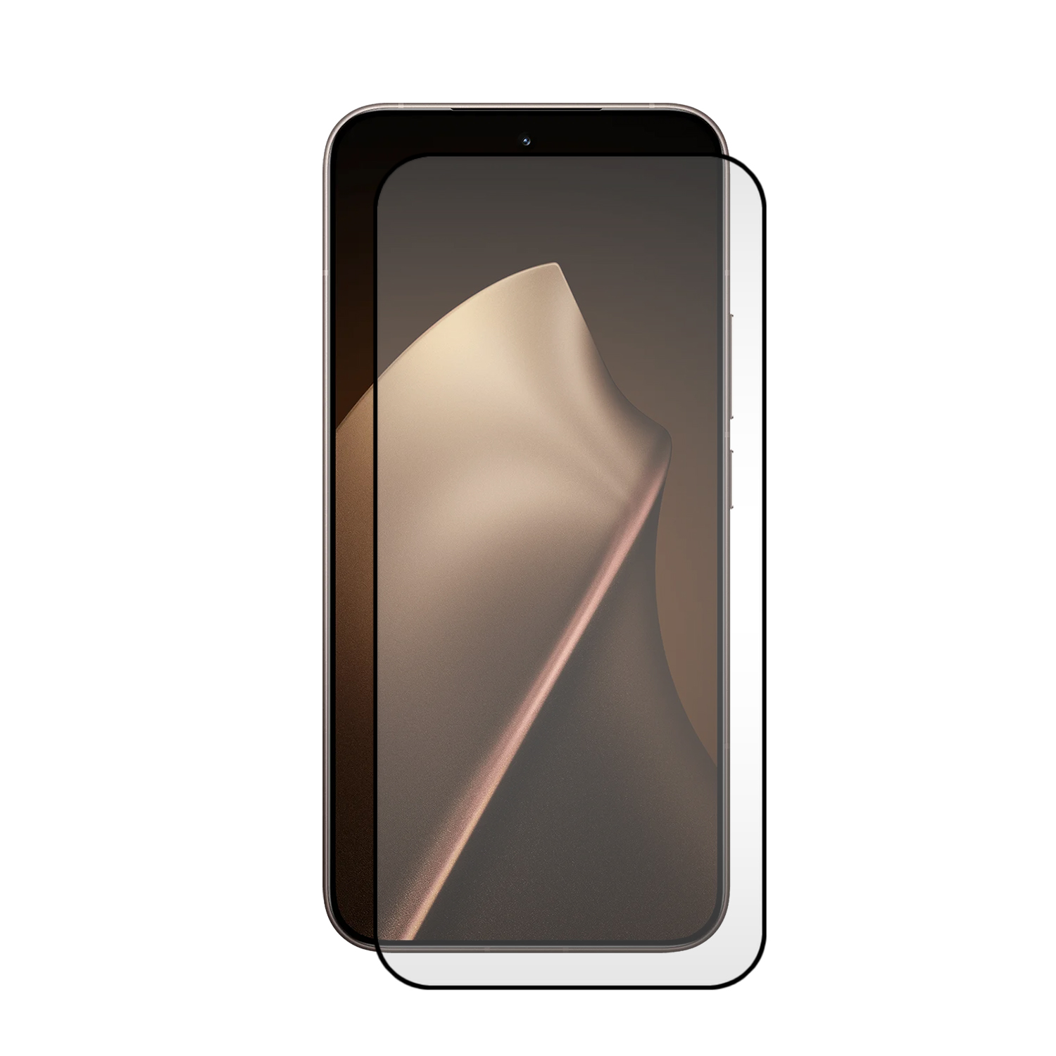 Een smartphone met een schermbeschermer wordt getoond. Het scherm toont een goudkleurig ontwerp. De beschermer heeft een zwarte rand.