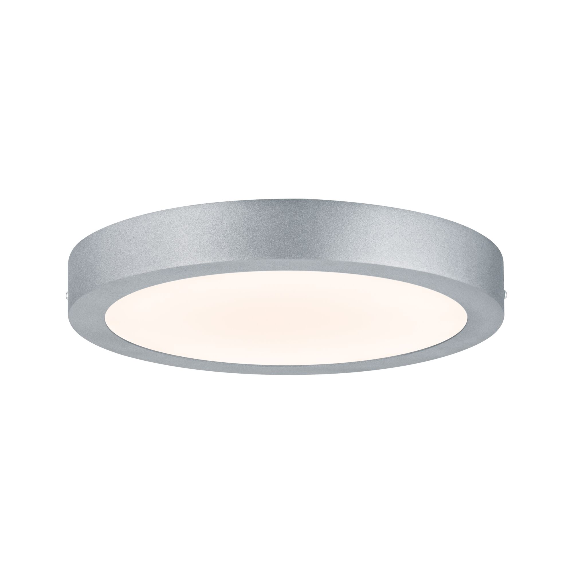 Una plafoniera rotonda color argento con luce interna bianca brillante e sfondo bianco.