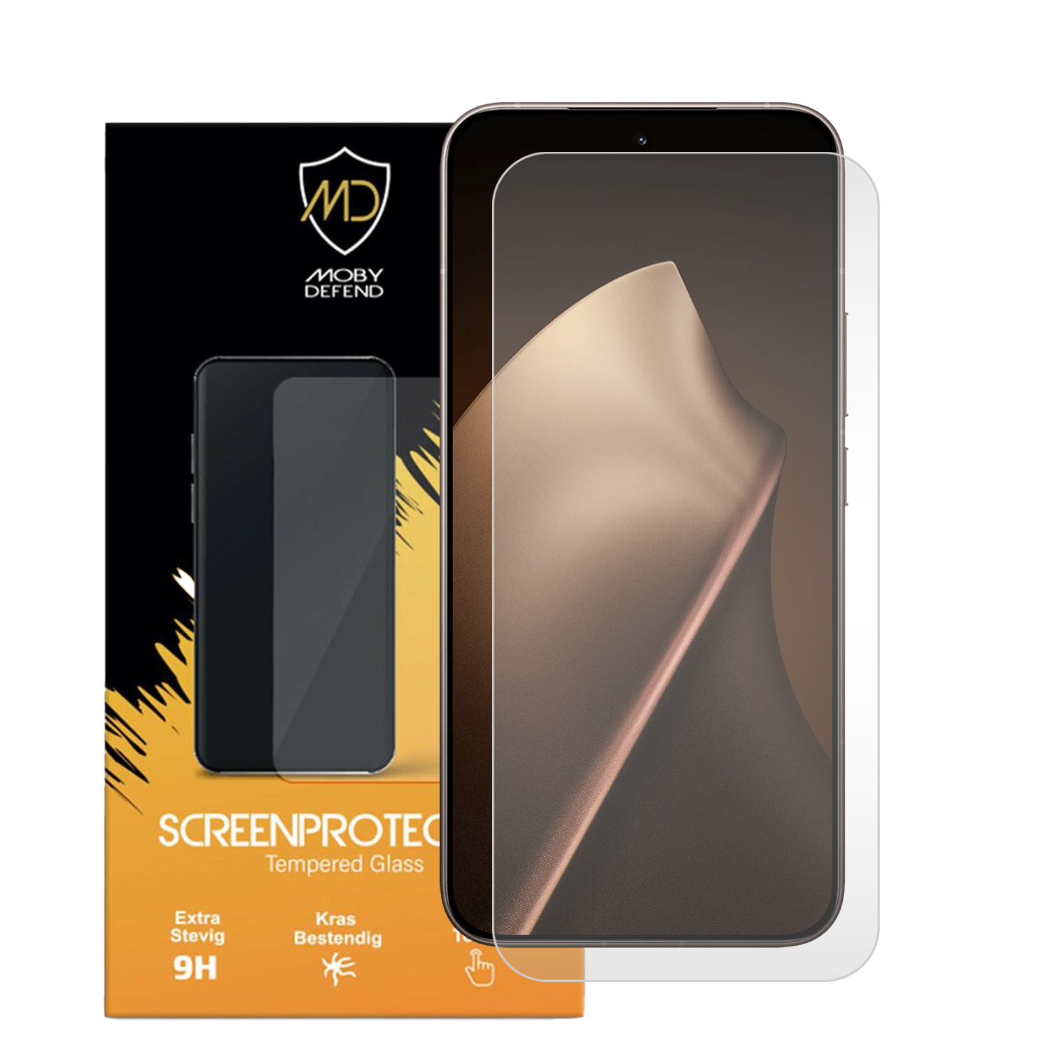 Un smartphone avec un protecteur d'écran. Une boîte avec la marque 'MOBY DEFEND'. Le protecteur est transparent, et le téléphone noir.