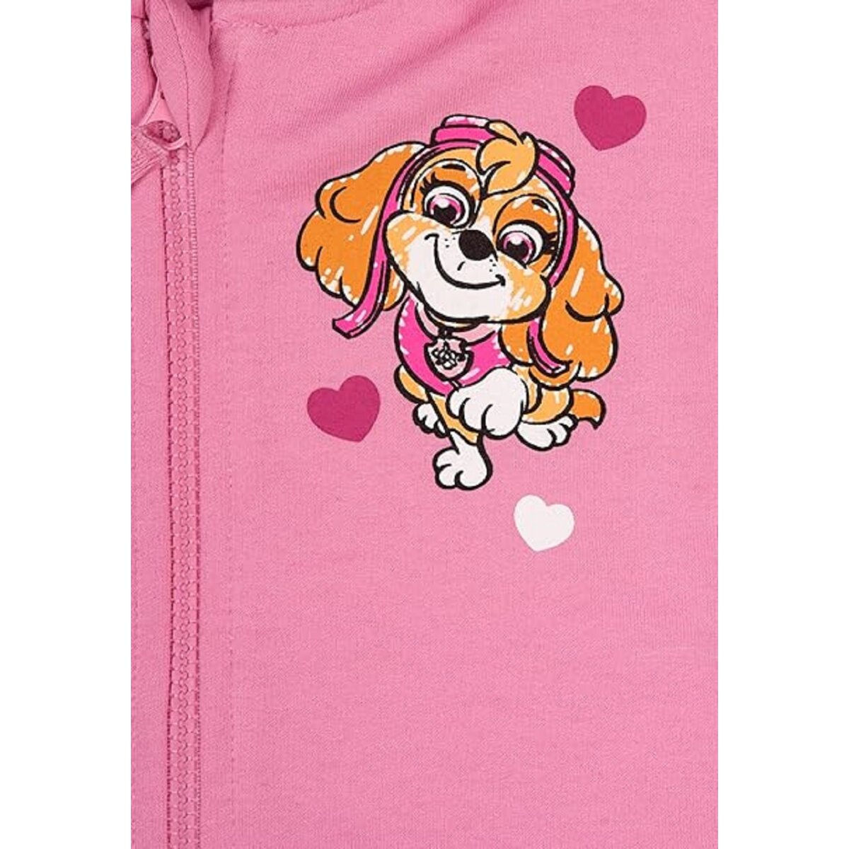 Rosa Kapuzenpullover mit Skye-Cartoon-Figur und Herzen. Ein Reißverschluss verläuft auf der linken Seite.