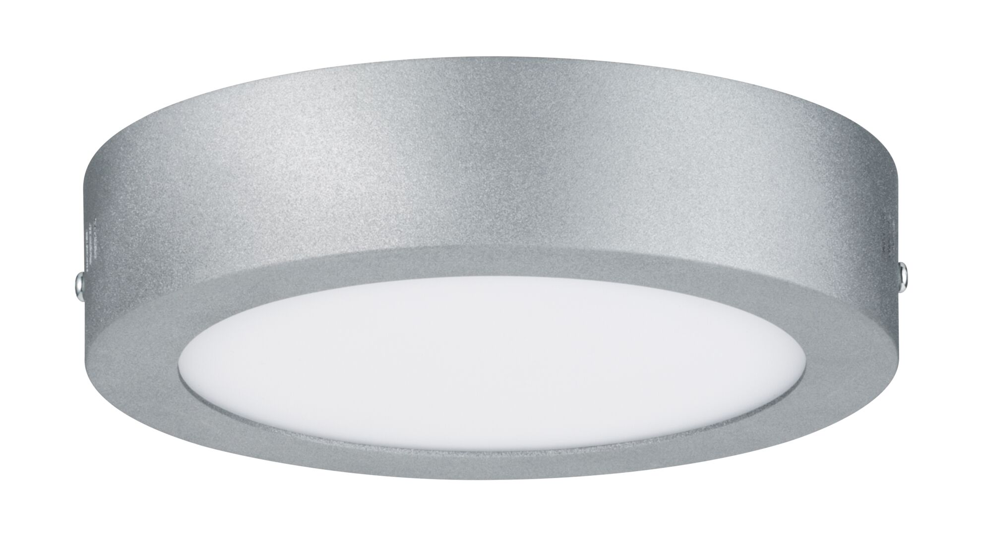 Un apparecchio di illuminazione rotondo e argentato con un centro bianco illuminato, isolato su sfondo bianco.