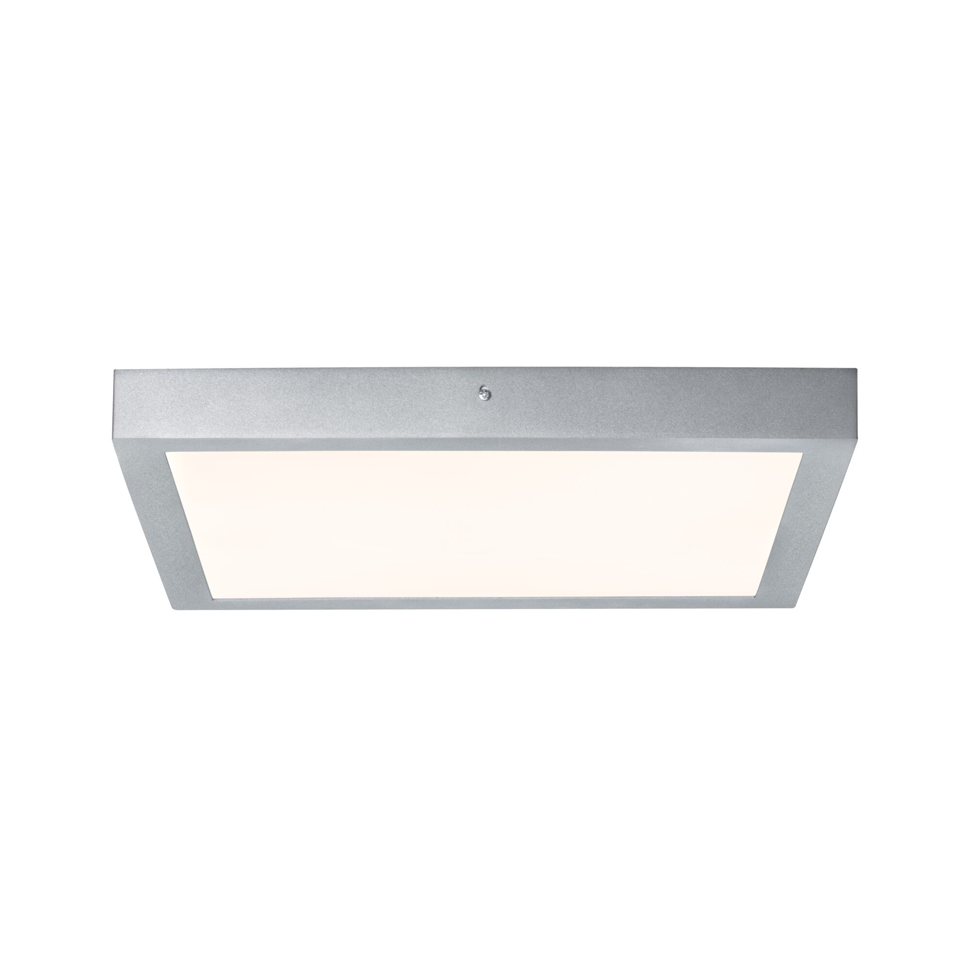Un apparecchio di illuminazione a soffitto quadrato e argentato con un pannello bianco brillante al centro su sfondo bianco.