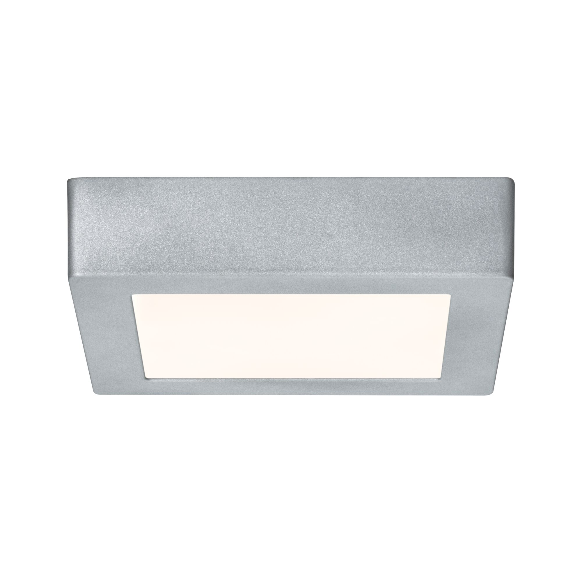 Un apparecchio di illuminazione a soffitto quadrato e incassato. L'alloggiamento in metallo è grigio e la luce è bianco caldo.