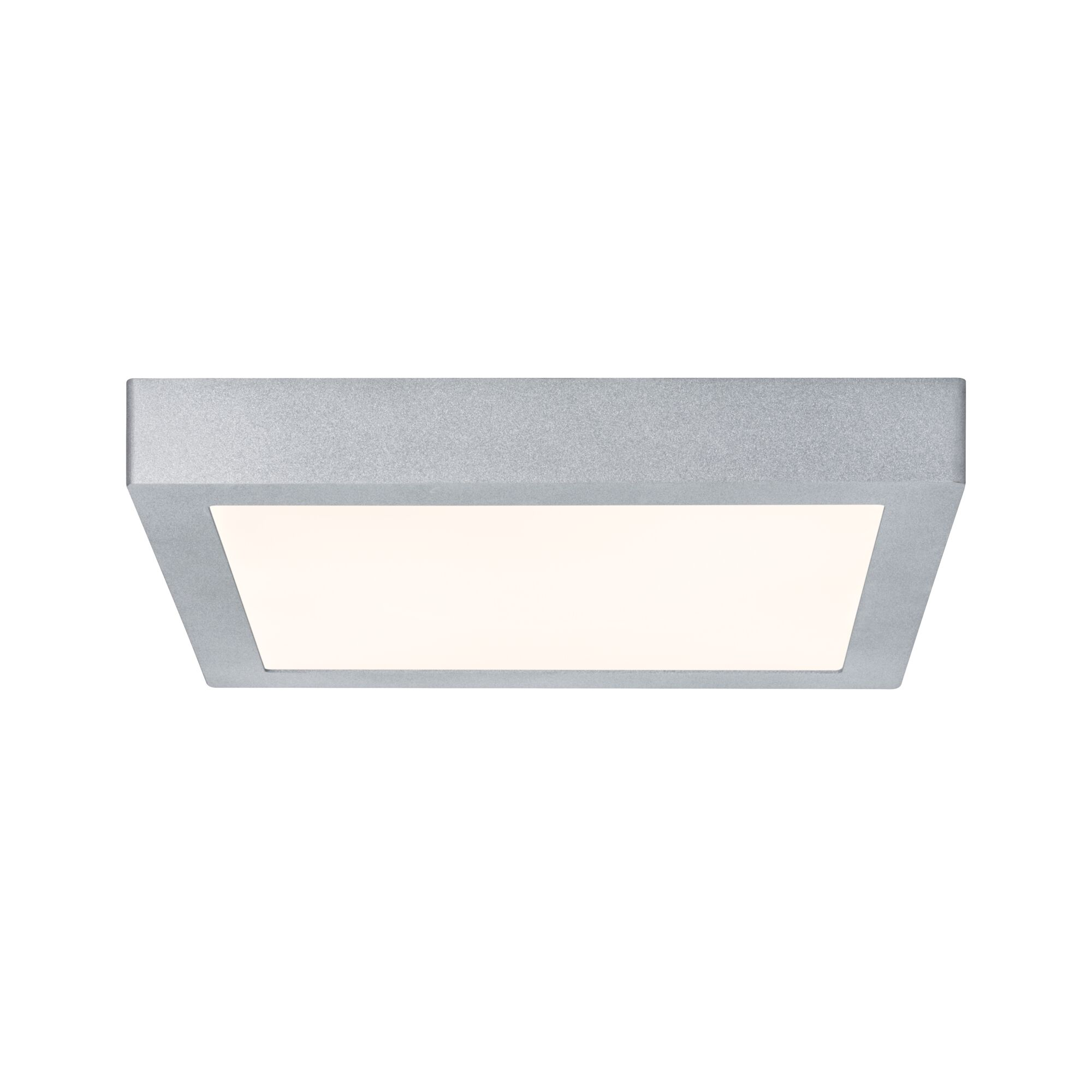 Lampada da soffitto quadrata, argentata, con una sorgente luminosa rettangolare e brillante al centro, su sfondo bianco.