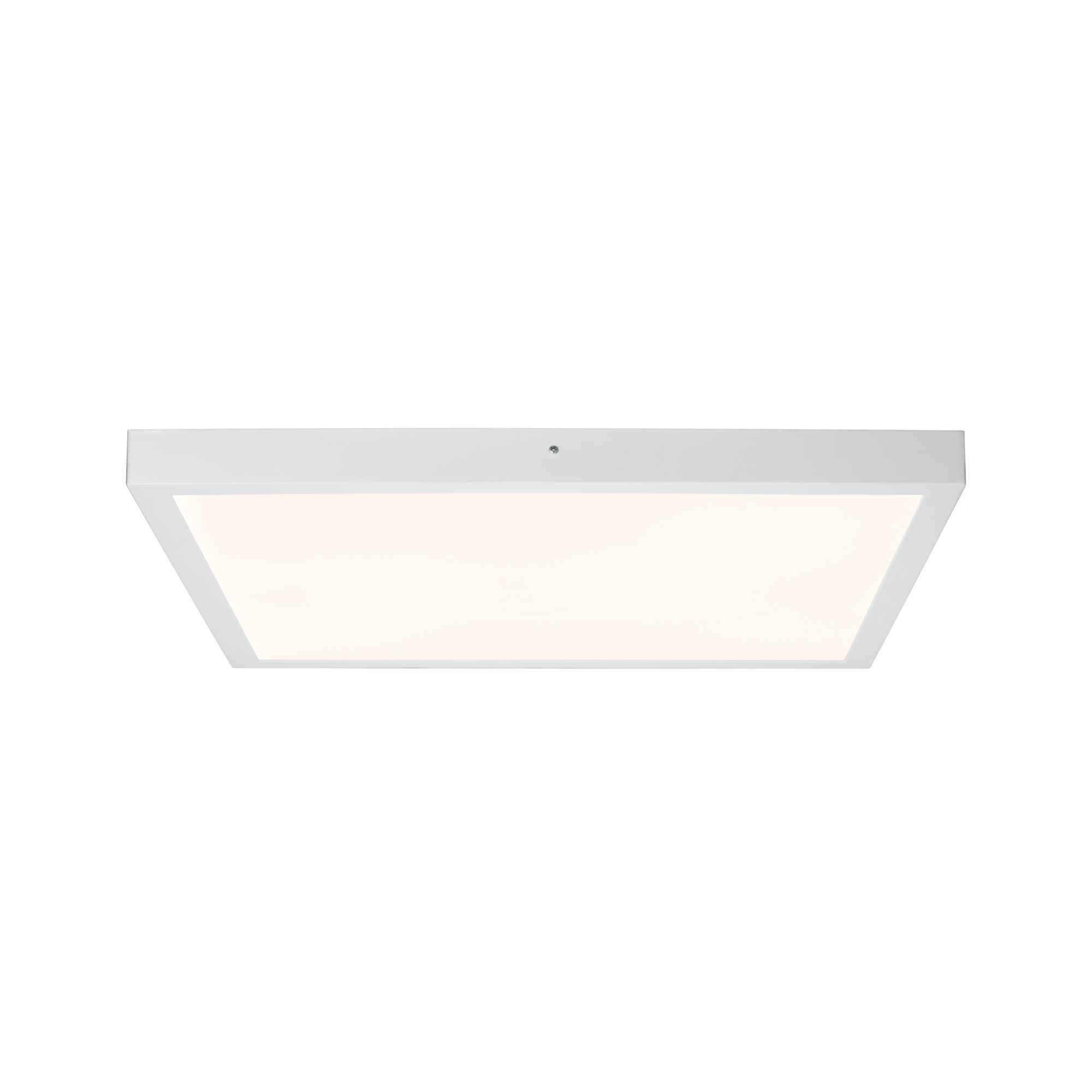 Eine weiße, quadratische Deckenleuchte mit hellem, leuchtendem Licht. Der Hintergrund ist schlicht weiß.