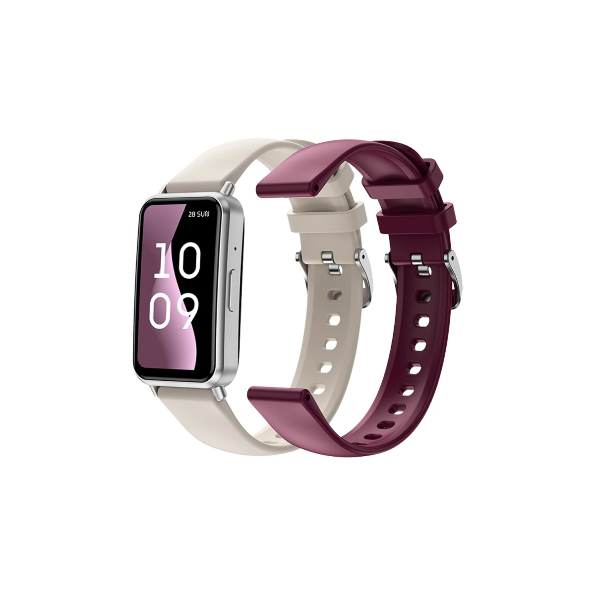 Uno smartwatch con cassa argentata e display chiaro che mostra le 10:09. Ha due cinturini: beige e rosso scuro, su sfondo bianco.