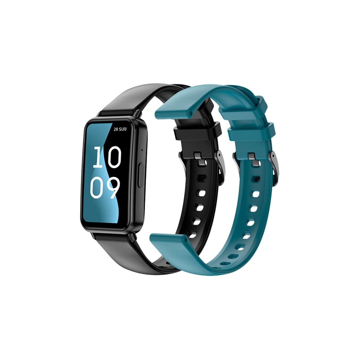 Uno smartwatch nero con cinturino verde acqua è mostrato accanto a un cinturino nero. L'orologio mostra l'ora: 10:09.