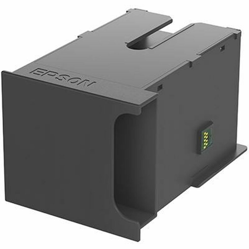 Un pezzo di stampante Epson nero, rettangolare con maniglia curva e nome del marchio. Ha una piccola scheda verde.