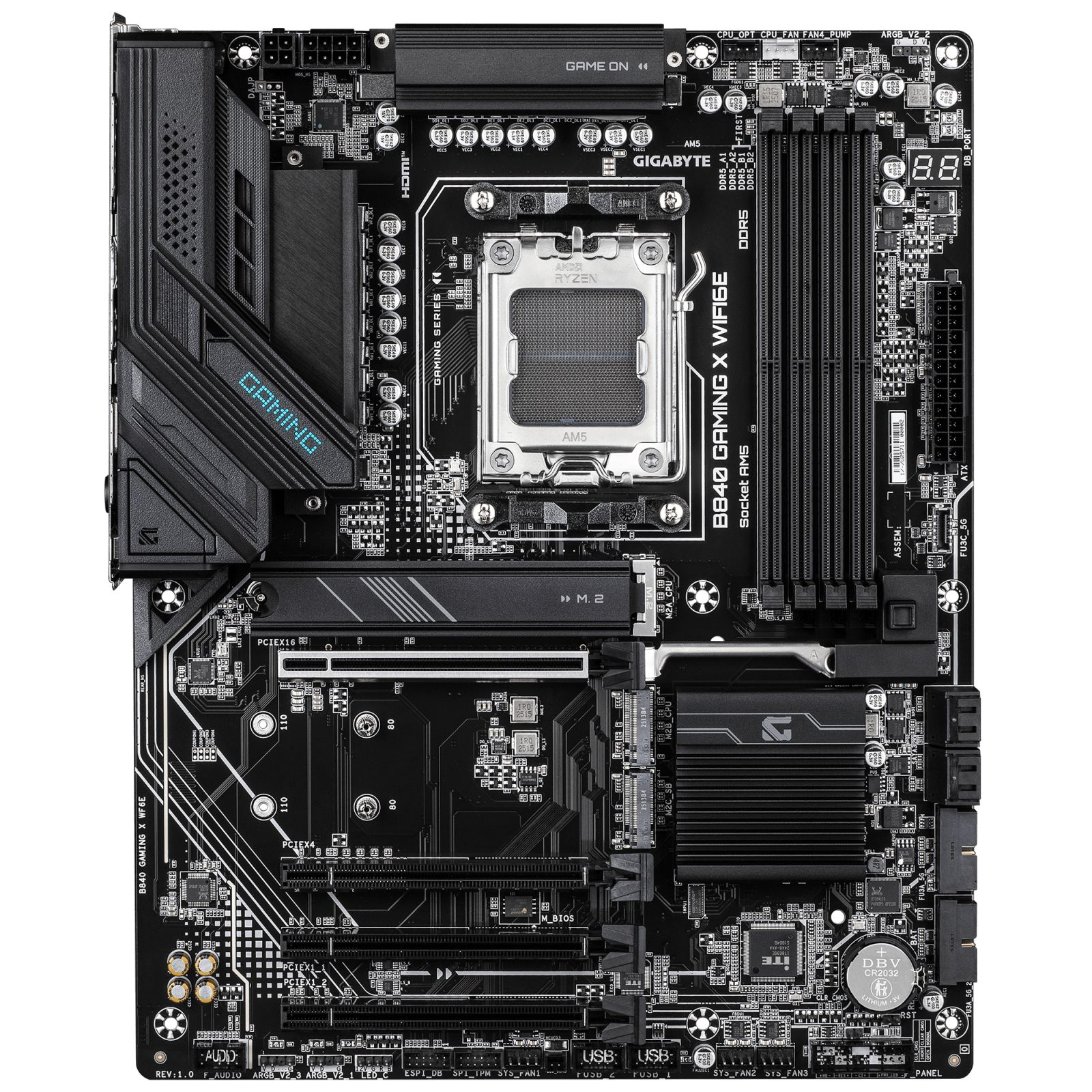 Carte mère noire Gigabyte B640 Gaming X WIFI6E. Comprend socket CPU, emplacements RAM et divers connecteurs.