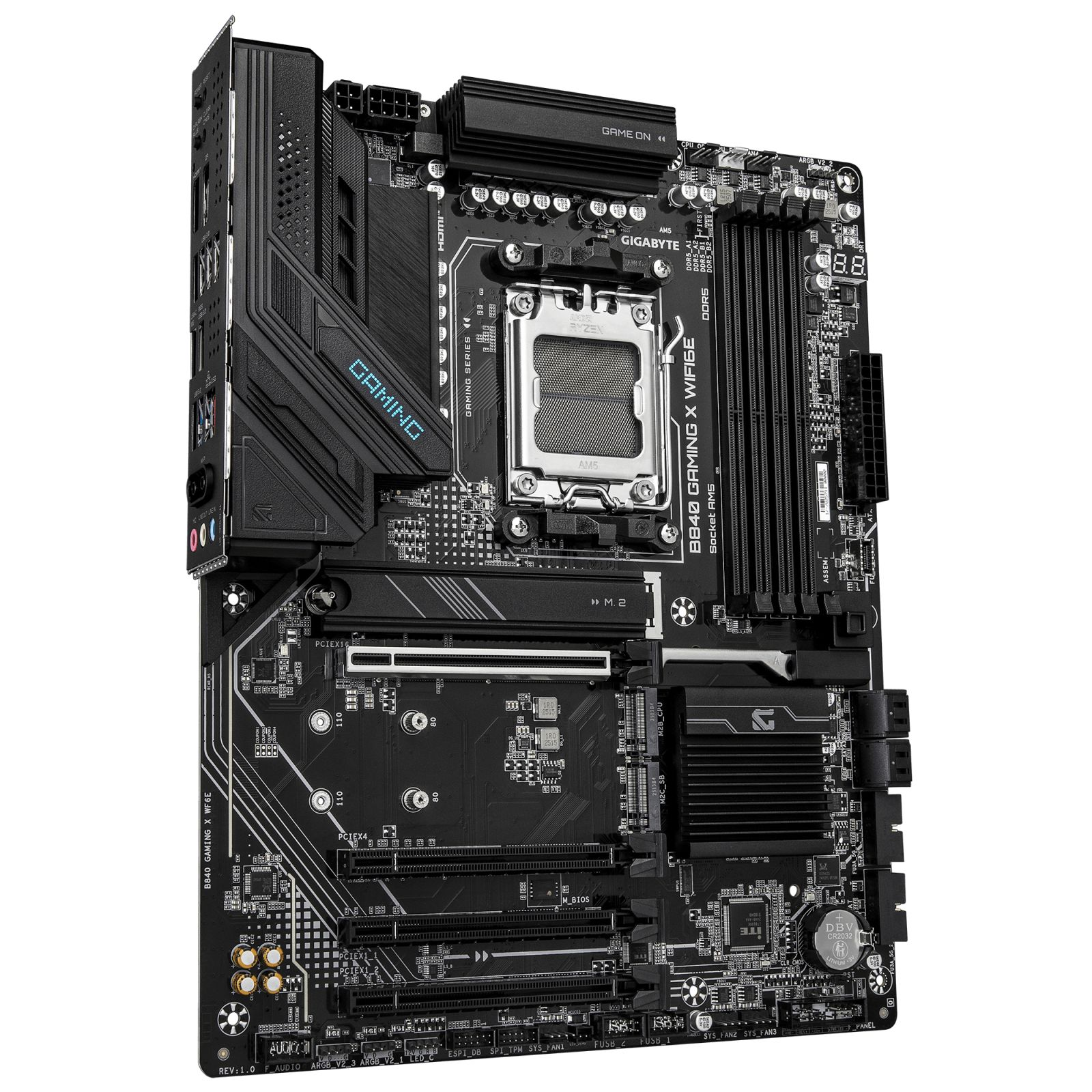 Carte mère noire avec divers composants, comprenant des fentes, des ports et un socket CPU.