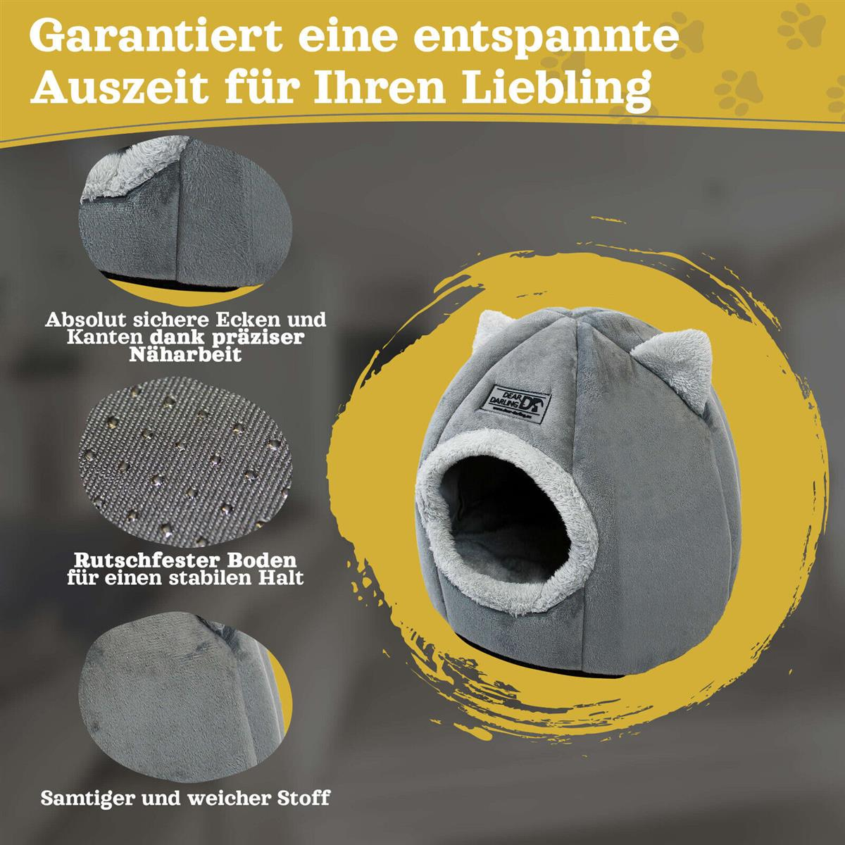 Graues Katzenbett mit ohrenförmigen Details. Text enthält 'sichere Ecken', 'rutschfester Boden' und 'weicher Stoff'. Es gibt auch einen gelben Hintergrund.
