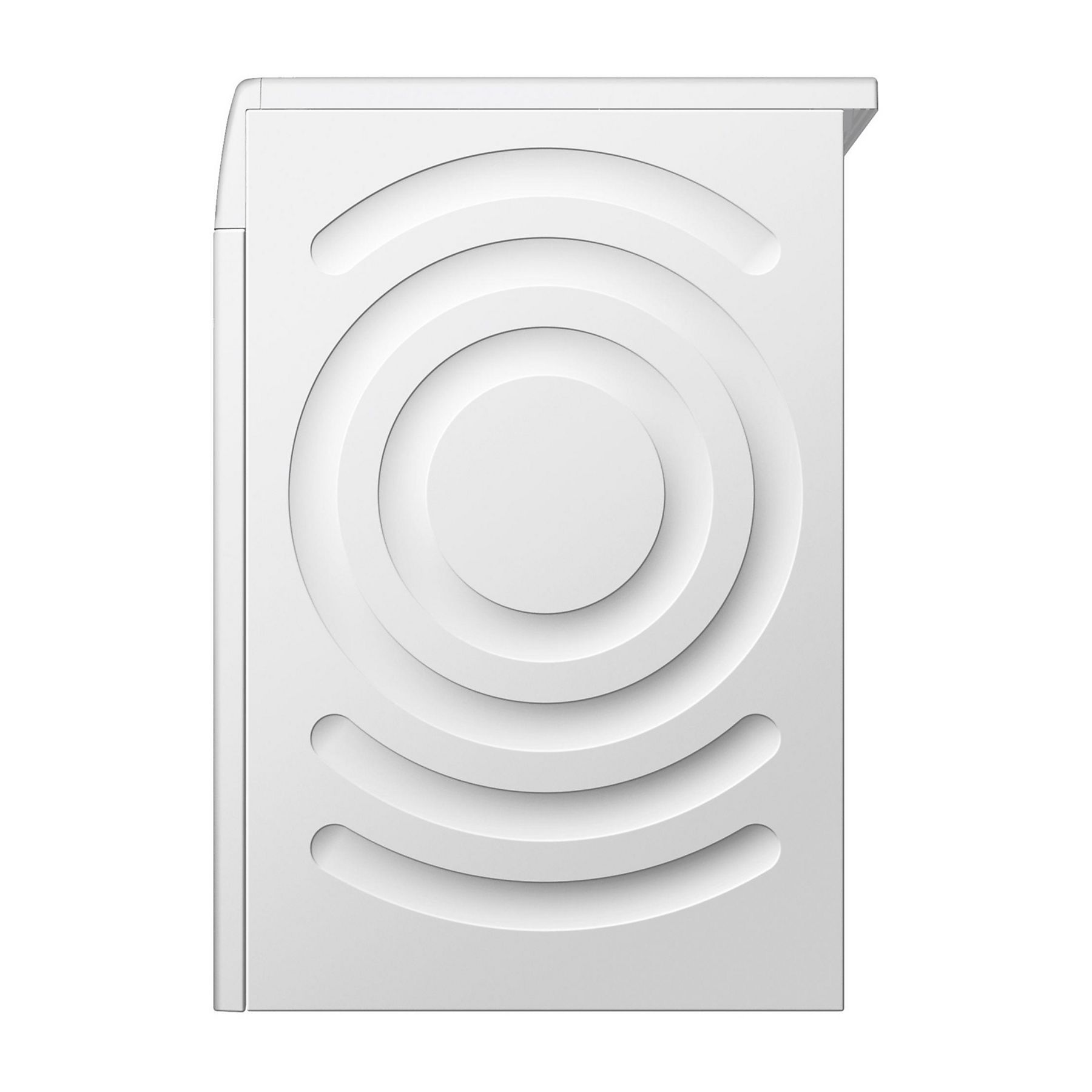 Un frontale bianco e rettangolare con design a cerchi concentrici, linee curve e un piccolo ripiano superiore su sfondo bianco.