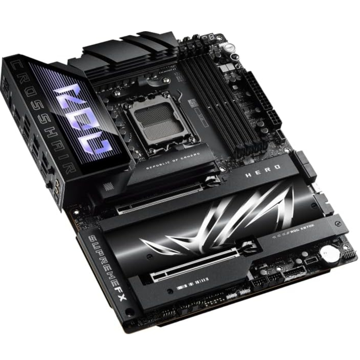 Black motherboard with ROG branding. Features include CPU socket, RAM slots, and various connectors. Labels include CROSSHAIR, HERO, and SUPREMEFX.