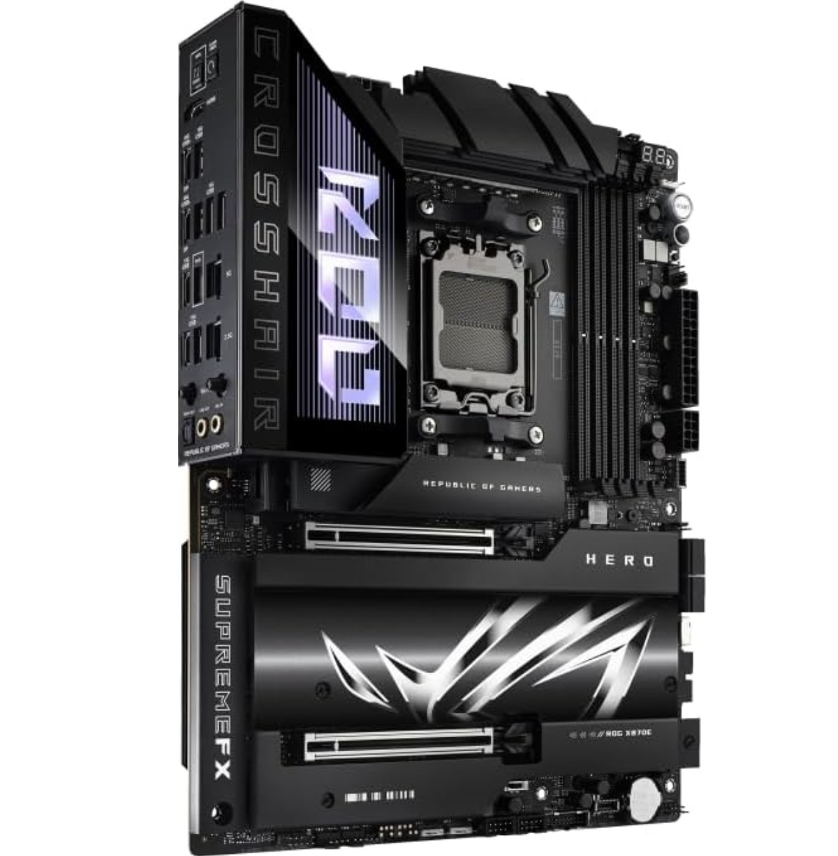 A black computer motherboard with ROG branding. Features include slots, ports, and a central processor socket. The board has a sleek, modern design.