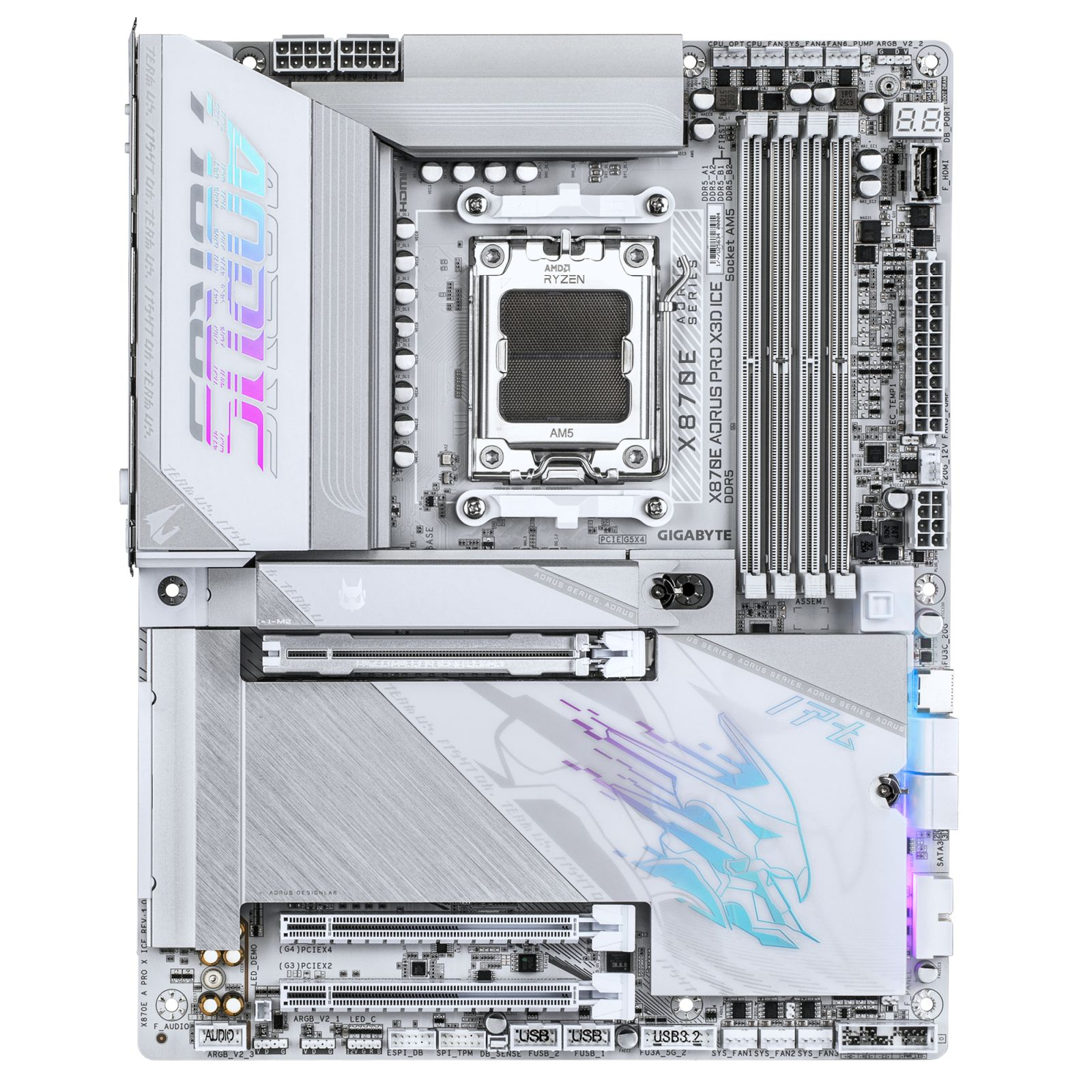Une carte mère blanche avec la marque AORUS. Elle possède plusieurs emplacements, un socket CPU et divers connecteurs.