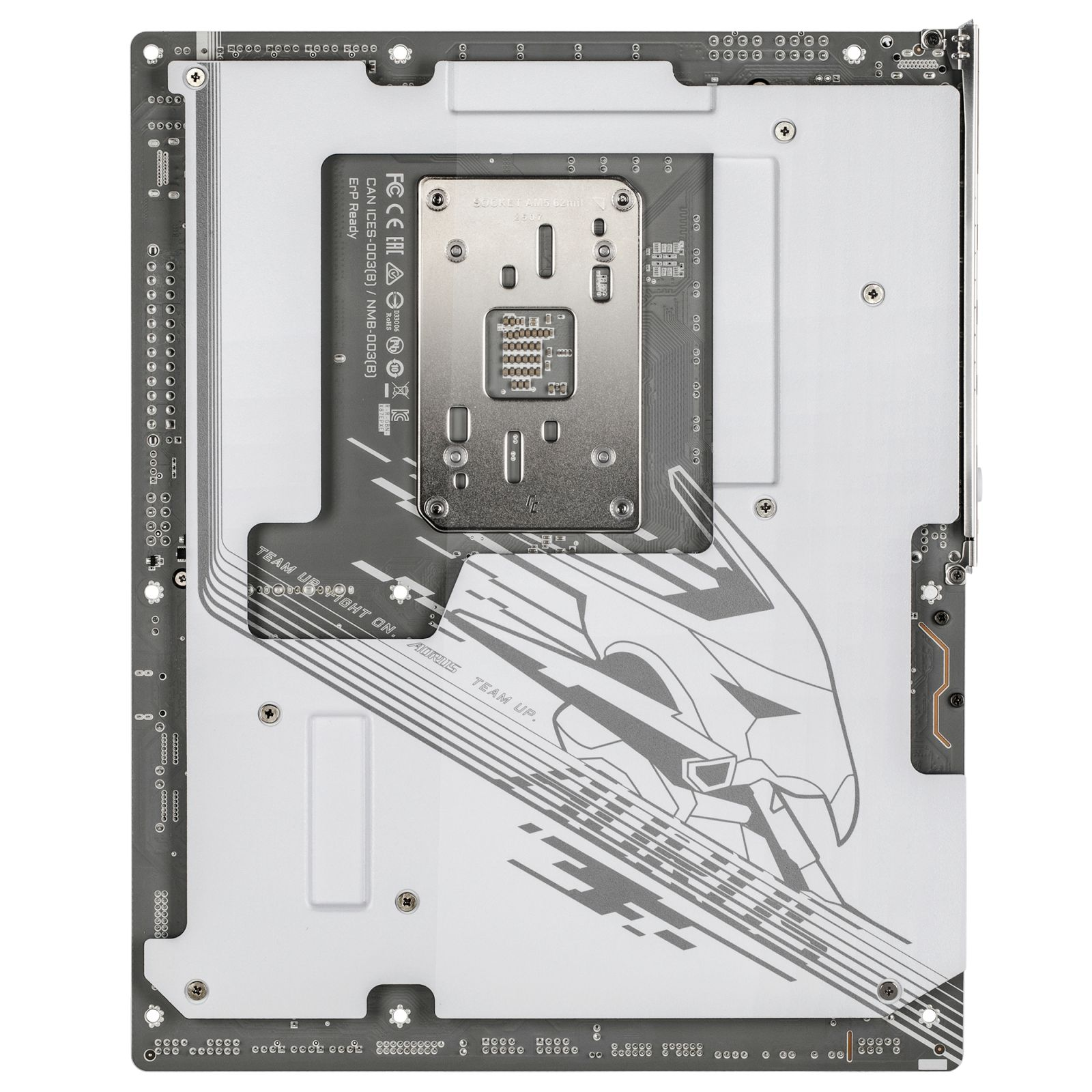 Une carte mère avec un socket CPU argenté et un design blanc et gris, avec diverses puces et connecteurs.