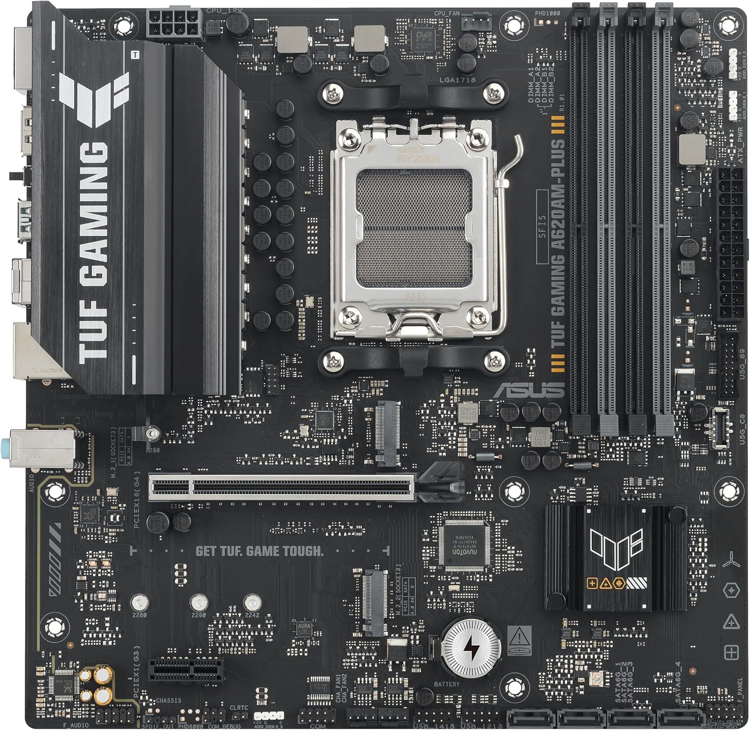 Une carte mère noire et grise avec des composants étiquetés. L'ASUS TUF GAMING A620M-PLUS III est visible.