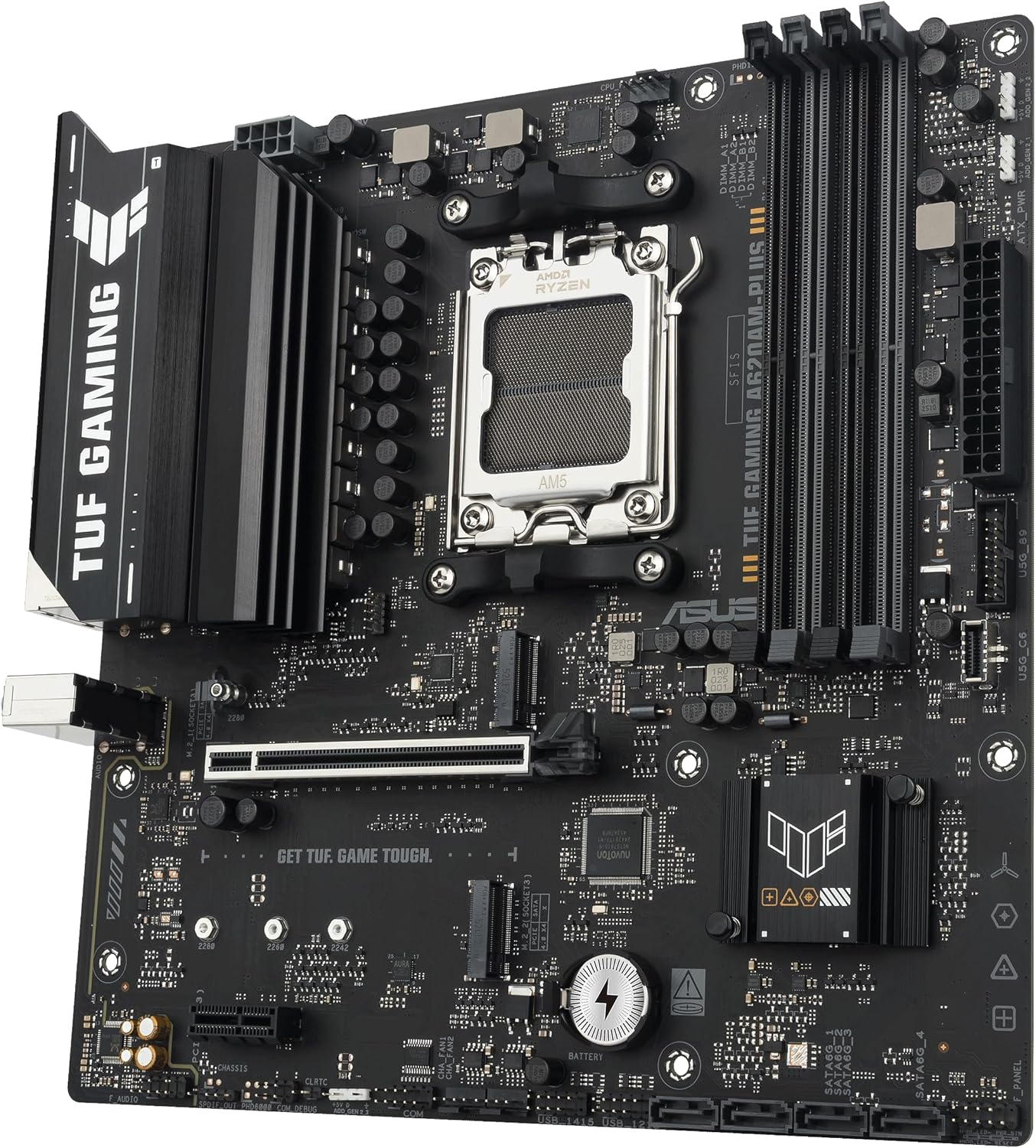 Carte mère d'ordinateur noire avec divers composants, dont un socket CPU, des emplacements RAM et des fentes d'extension.