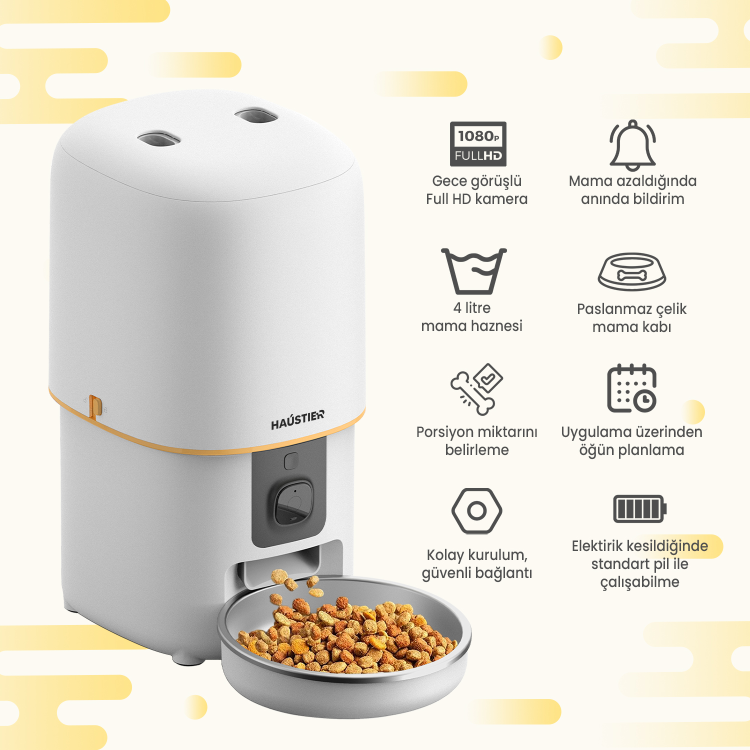 Bir kase kuru mama ile beyaz bir evcil hayvan besleyici. Özellikleri arasında kamera, mama seviyesi uyarısı, paslanmaz çelik kase ve porsiyon kontrolü bulunur.