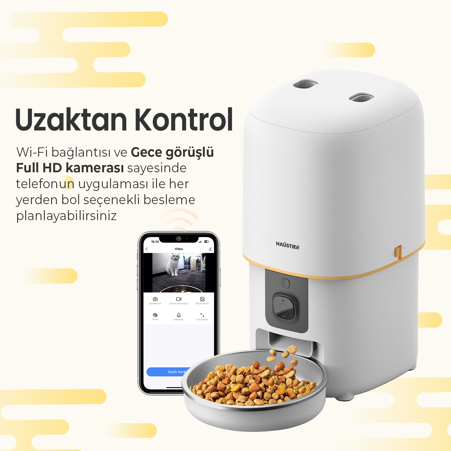 Bir kapta mama bulunan beyaz bir evcil hayvan besleyici. Bir telefon bir kedi gösteriyor ve metin 'Uzaktan Kontrol' diyor.