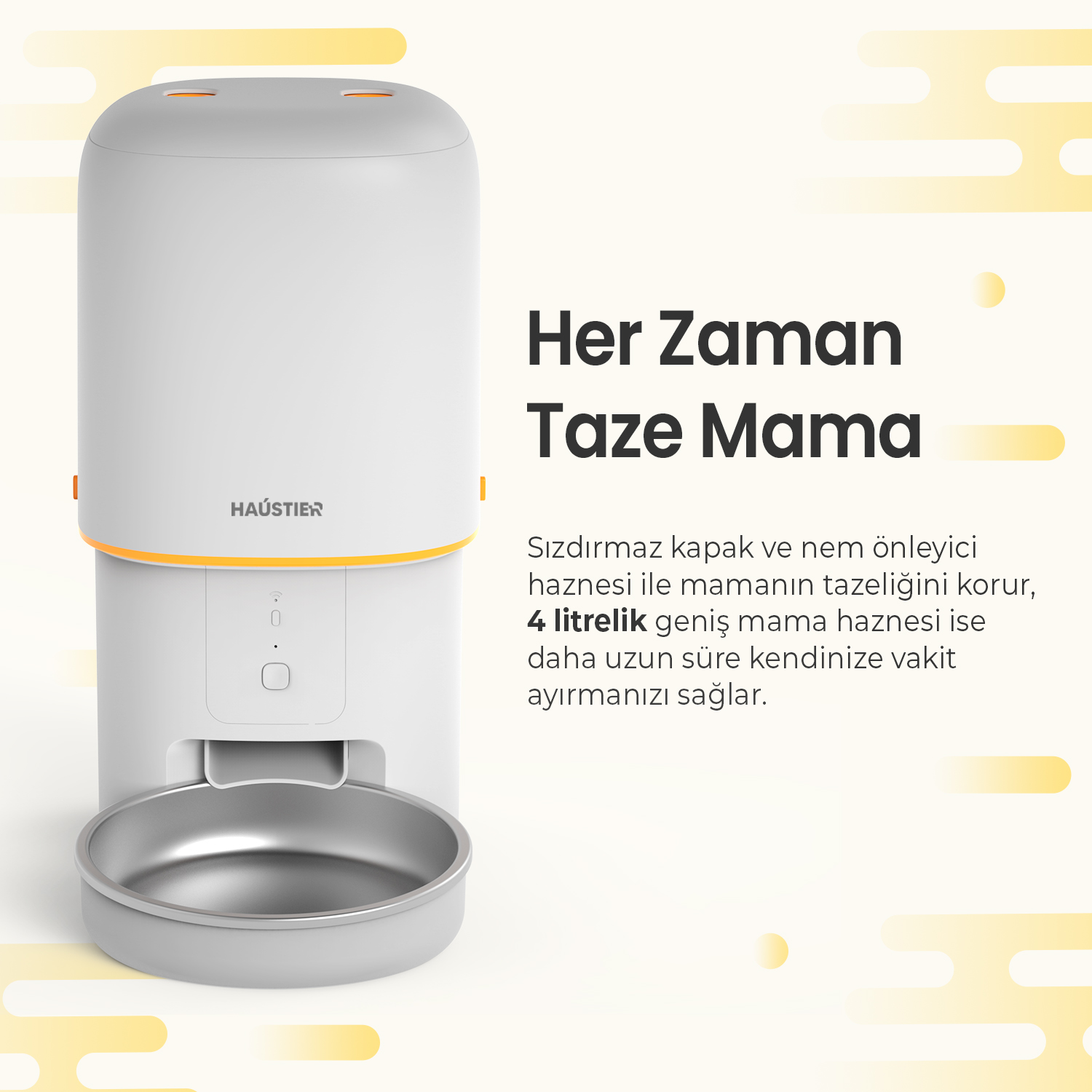 Turuncu detaylara sahip beyaz bir evcil hayvan mama kabı. Metin 'Her Zaman Taze Mama' (Her Zaman Taze Mama) yazıyor.