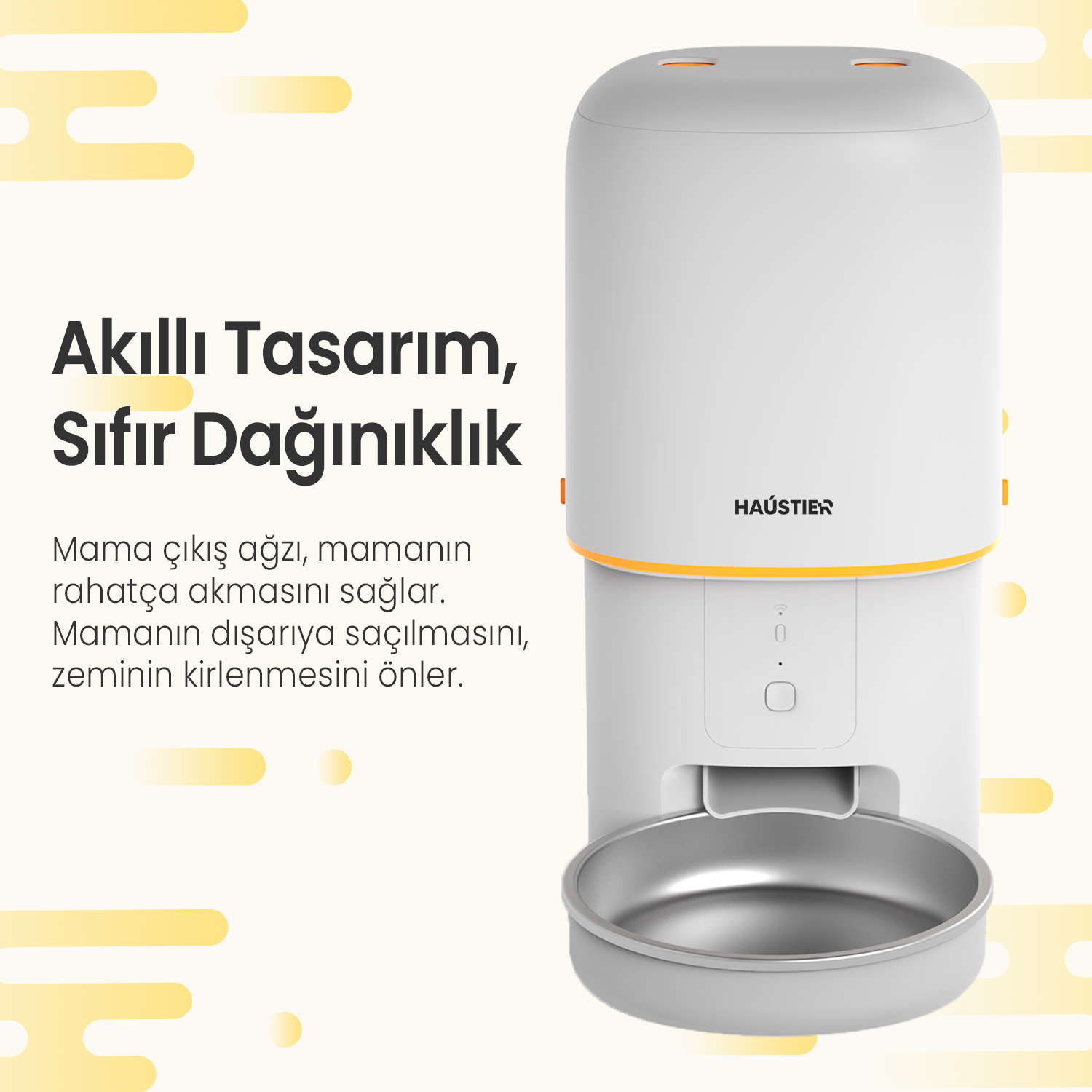 Beyaz ve turuncu bir evcil hayvan mama kabı. Bir mama kabı ve bir kontrol paneli vardır. Metin 'Akıllı Tasarım, Sıfır Dağınıklık' diyor.