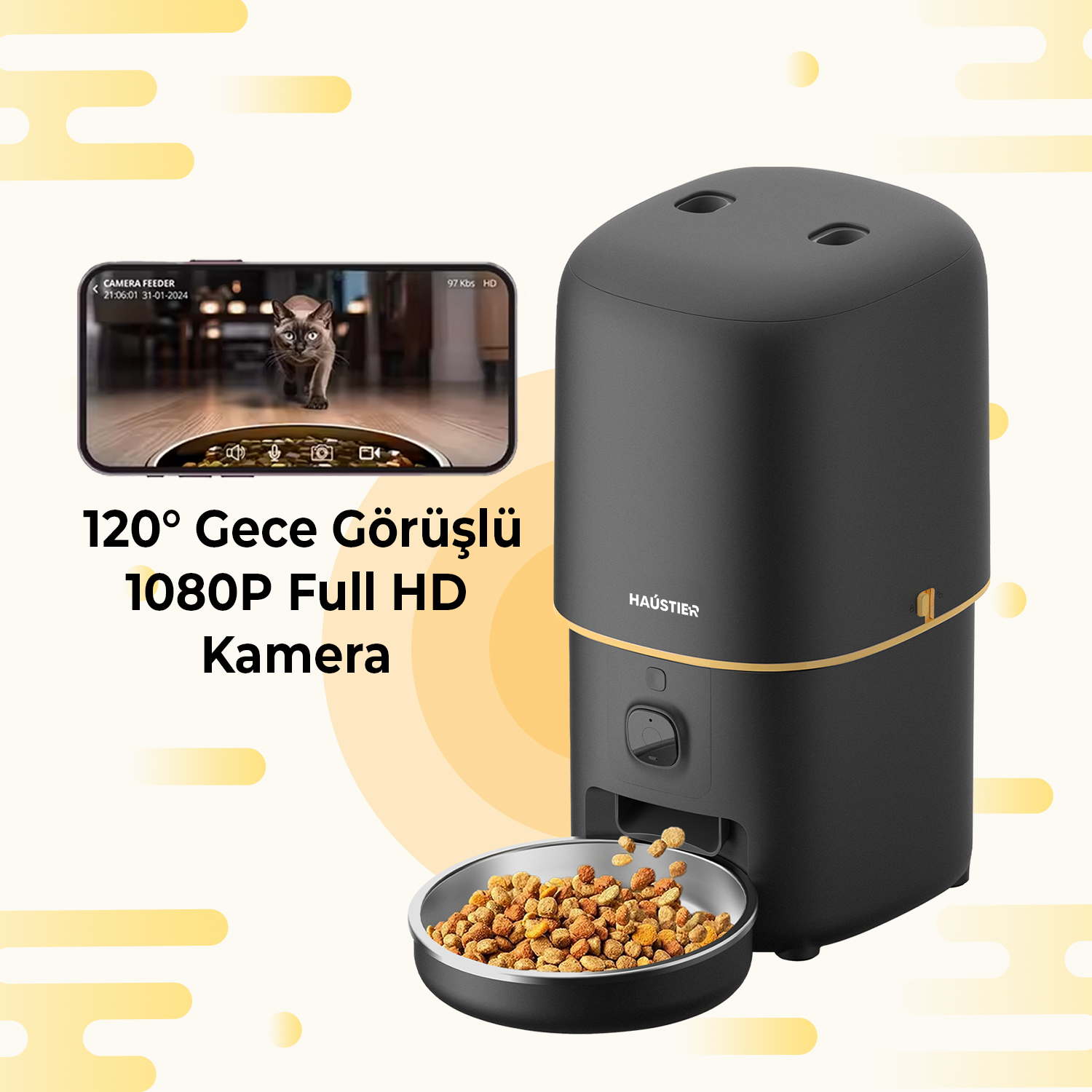 Dahili kamerası olan siyah bir evcil hayvan besleyici, bir kediyi gösteriyor. Mama bir kaseye düşüyor. Metin: 120° Gece Görüşü 1080P Full HD Kamera.
