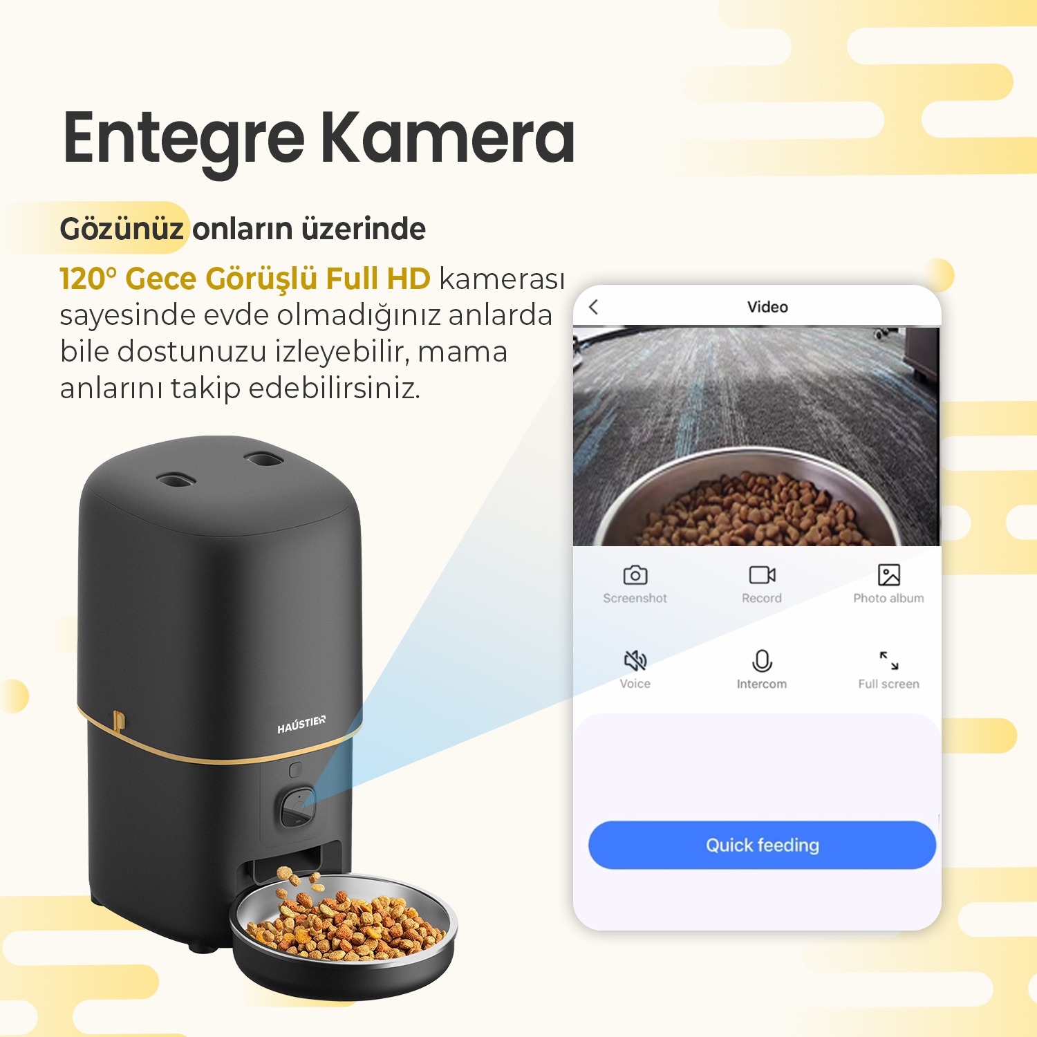 Kameralı bir evcil hayvan besleyici, yiyecek kabını gösterir. Bir telefon ekranı, kabın ve odanın bir videosunu gösterir.