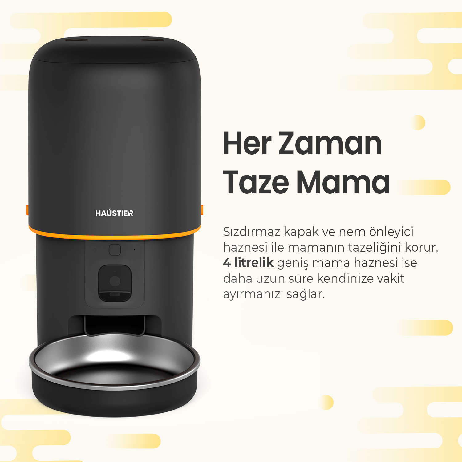 Gümüş bir kaseye sahip siyah bir evcil hayvan yiyecek dağıtıcısı. Sağdaki metin 'Her Zaman Taze Mama' diyor.