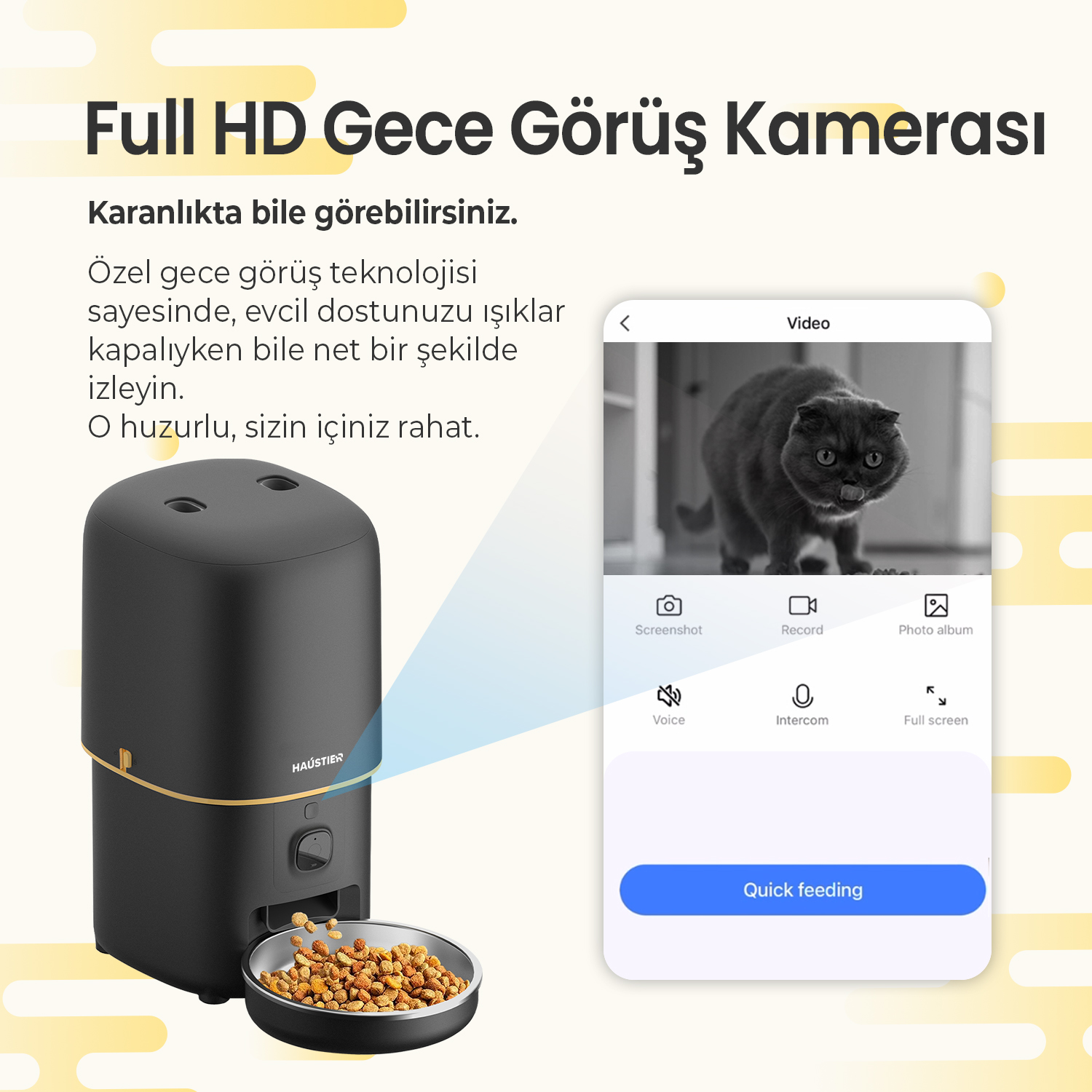 Ekranda siyah bir kedi, evcil hayvan besleyici ve mobil uygulama arayüzü. Metin, gece görüşünü duyuruyor.