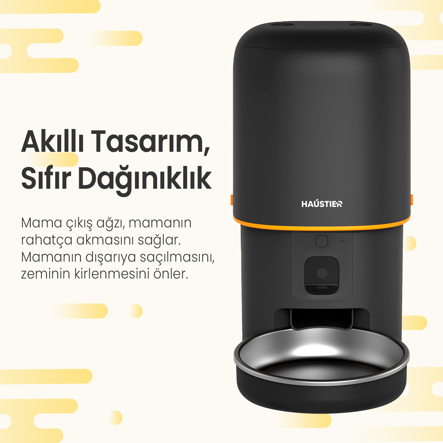 Turuncu vurgulu siyah bir evcil hayvan besleyici. Bir mama kabı ve kamerası var. Metin: Akıllı tasarım, sıfır dağınıklık.