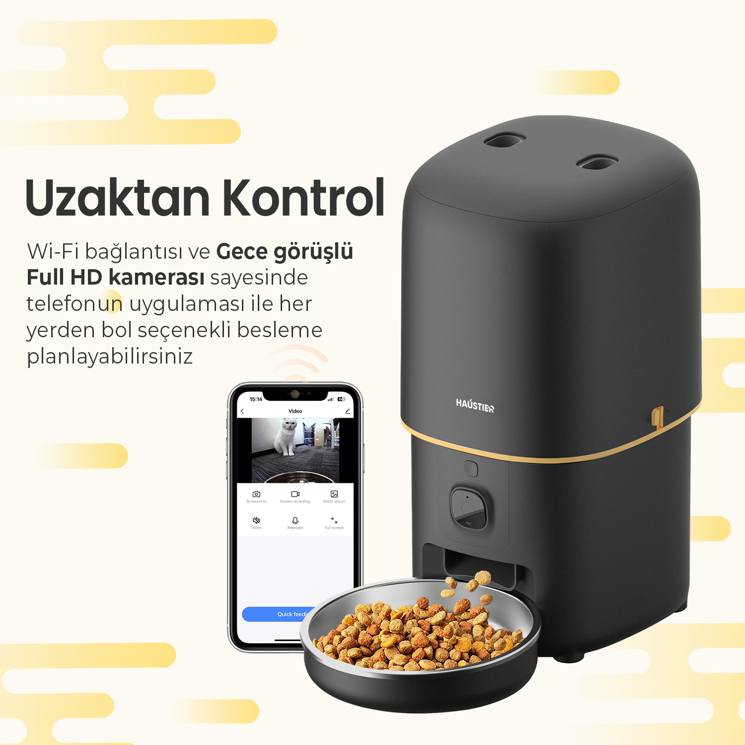 Siyah bir evcil hayvan maması dağıtıcısı ve bir kedi videosu gösteren bir telefon. Bir kapta mama. Metin: Uzaktan Kumanda, Wi-Fi, Full HD kamera.