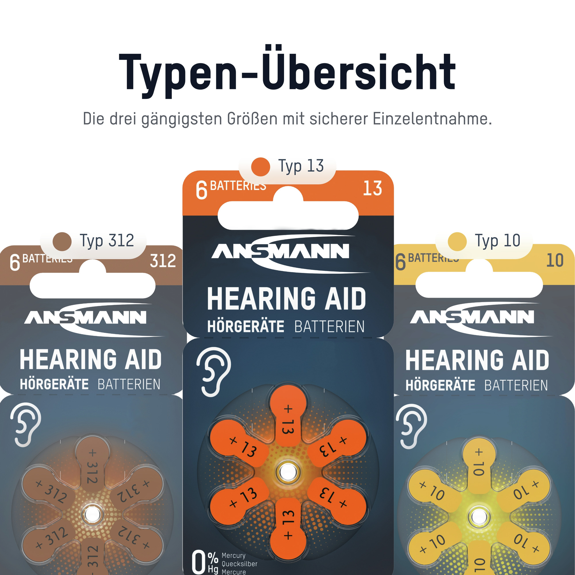 Das Bild zeigt drei Packungen Hörgerätebatterien, jede mit einer anderen Farbe und Größenbezeichnung.