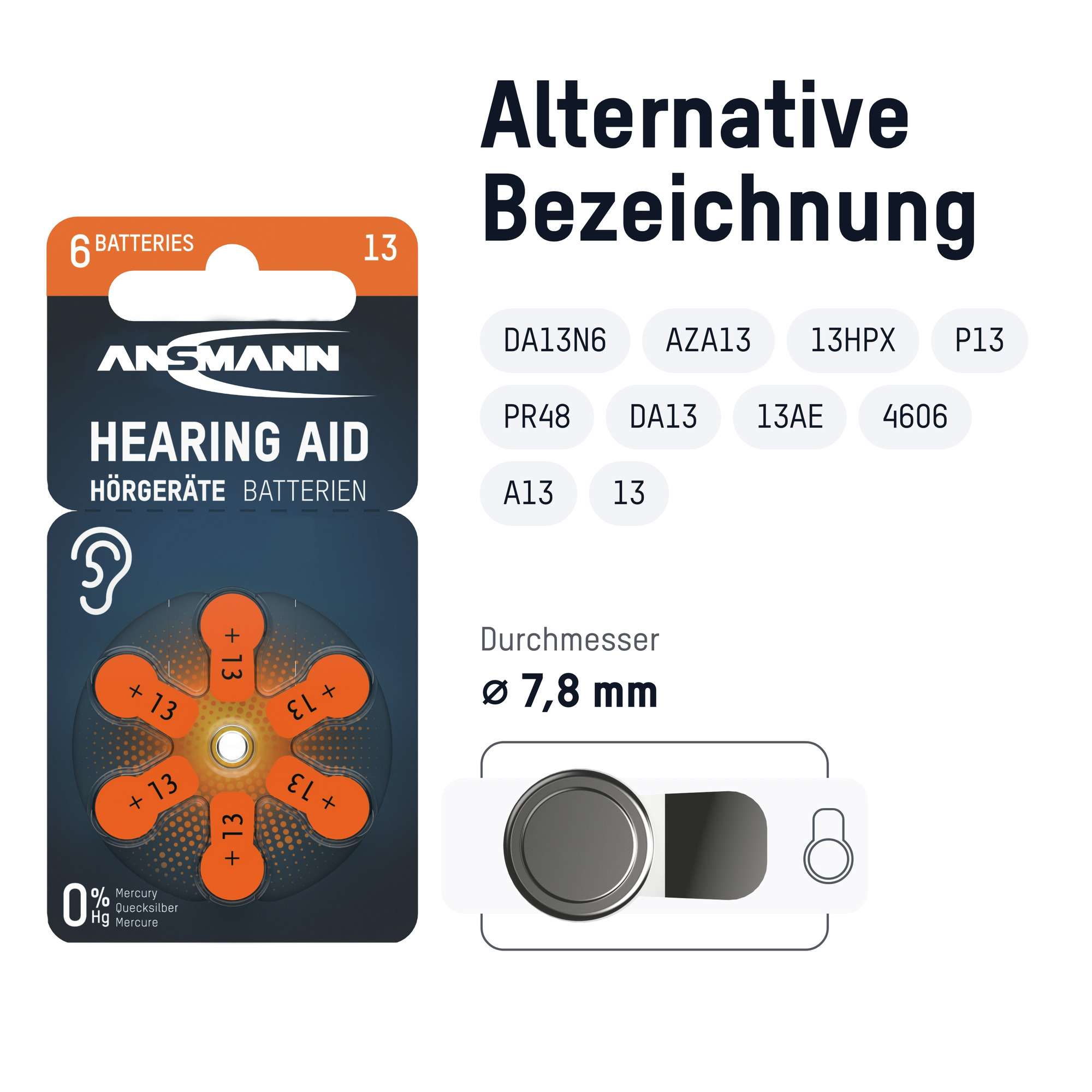 Verpackung für Hörgerätebatterien. Es zeigt eine Batteriepackung mit orangefarbenen und schwarzen Details und Text auf Deutsch.