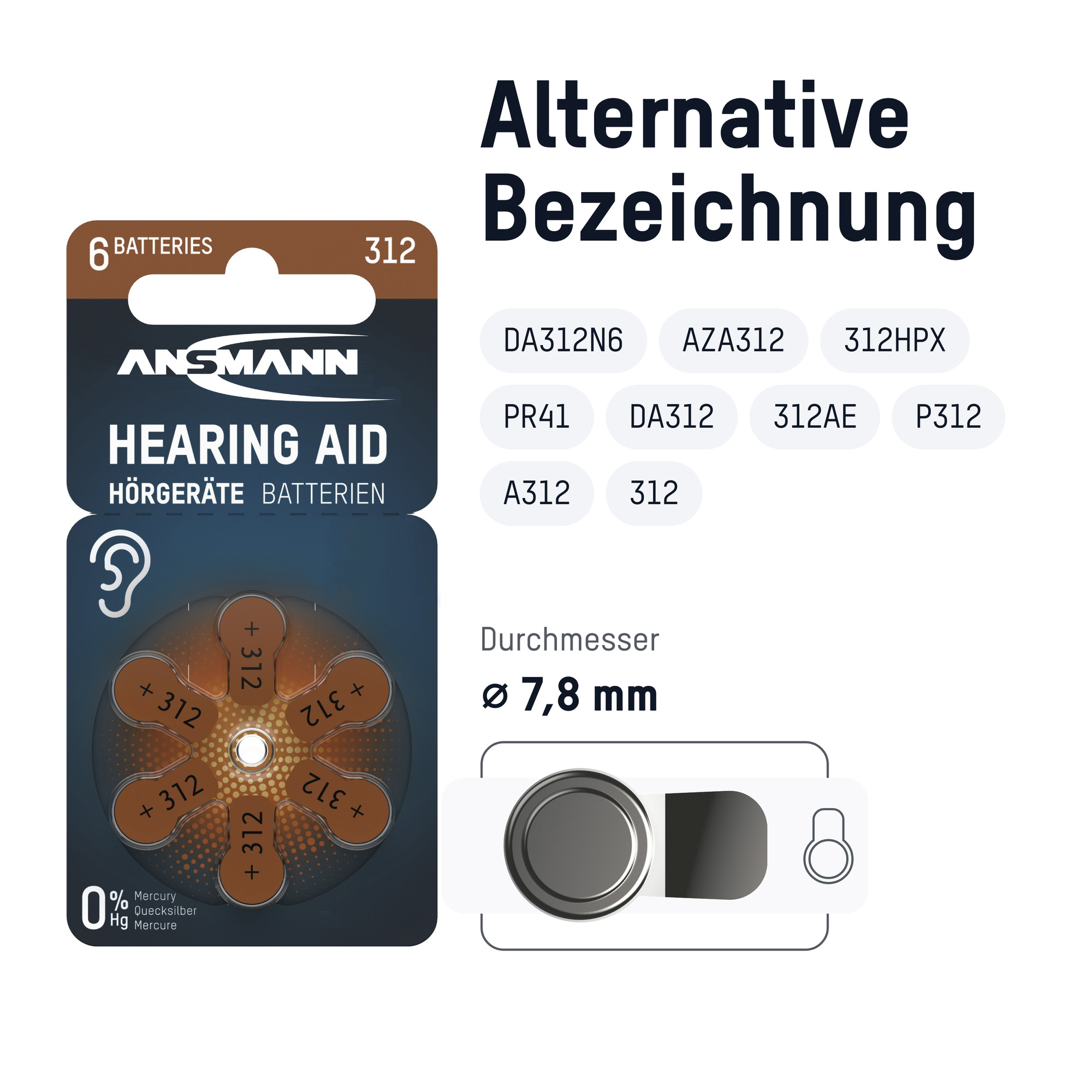 Packung mit Hörgerätebatterien. Braun und blau mit Text und Symbolen. Batterien sind sichtbar. Durchmesser 7,8 mm.
