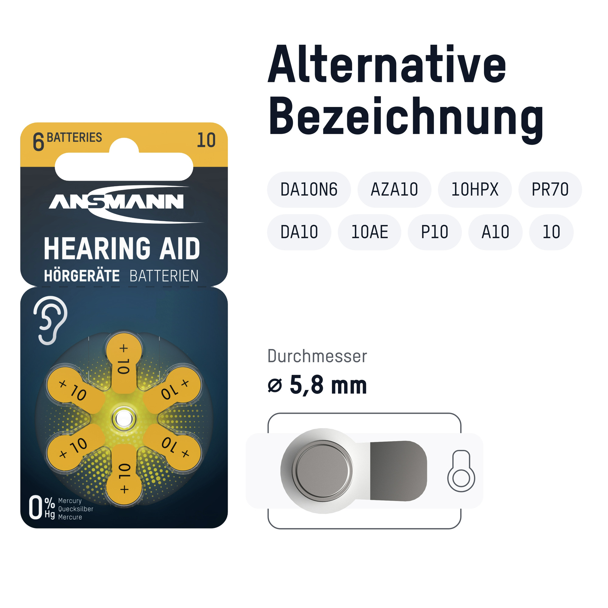 Eine Packung Hörgerätebatterien. Die Packung ist gelb und blau und zeigt Batterien und Produktinformationen.