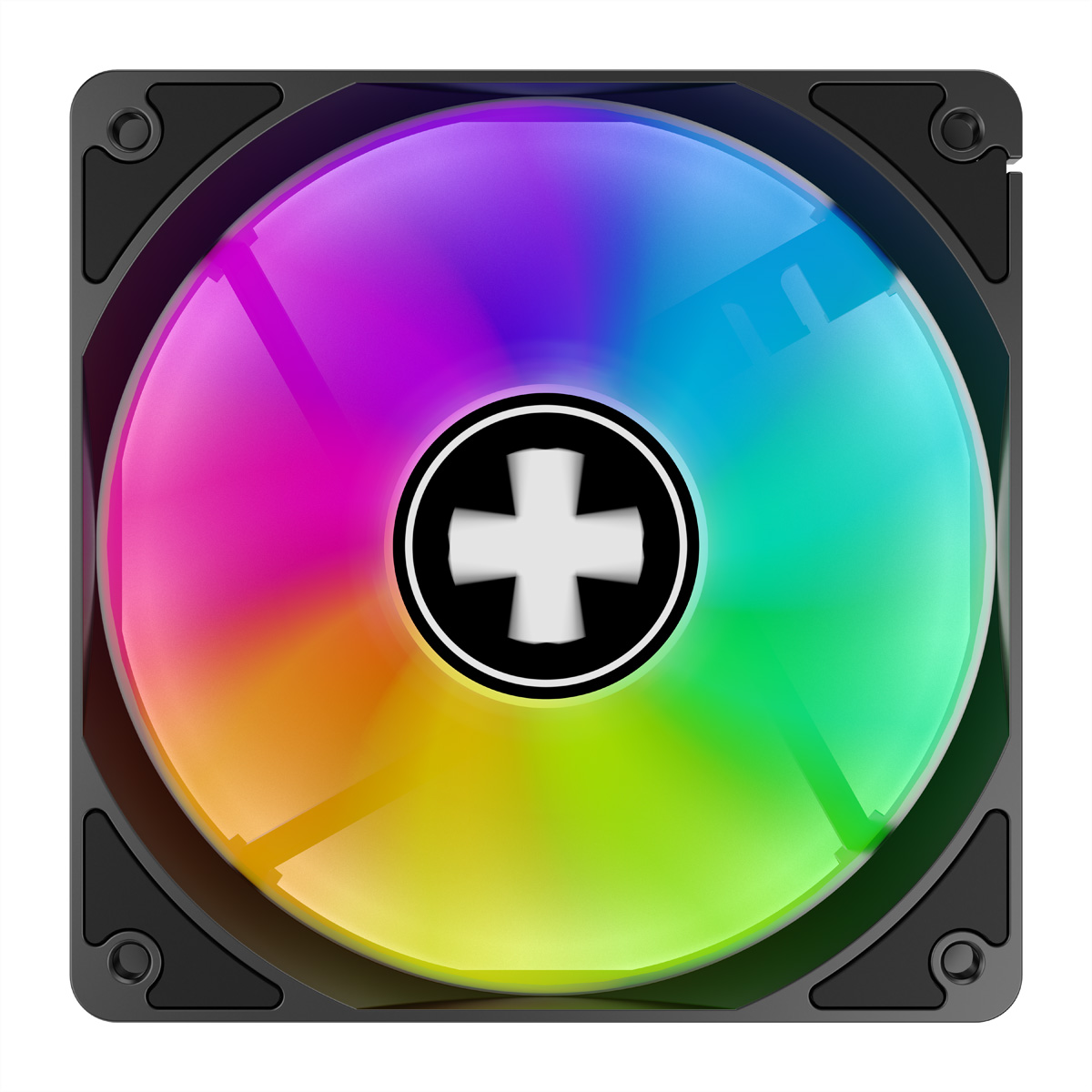 Ein Computerlüfter mit Regenbogenfarben. Er hat einen schwarzen Rahmen und ein weißes Kreuzlogo in der Mitte.