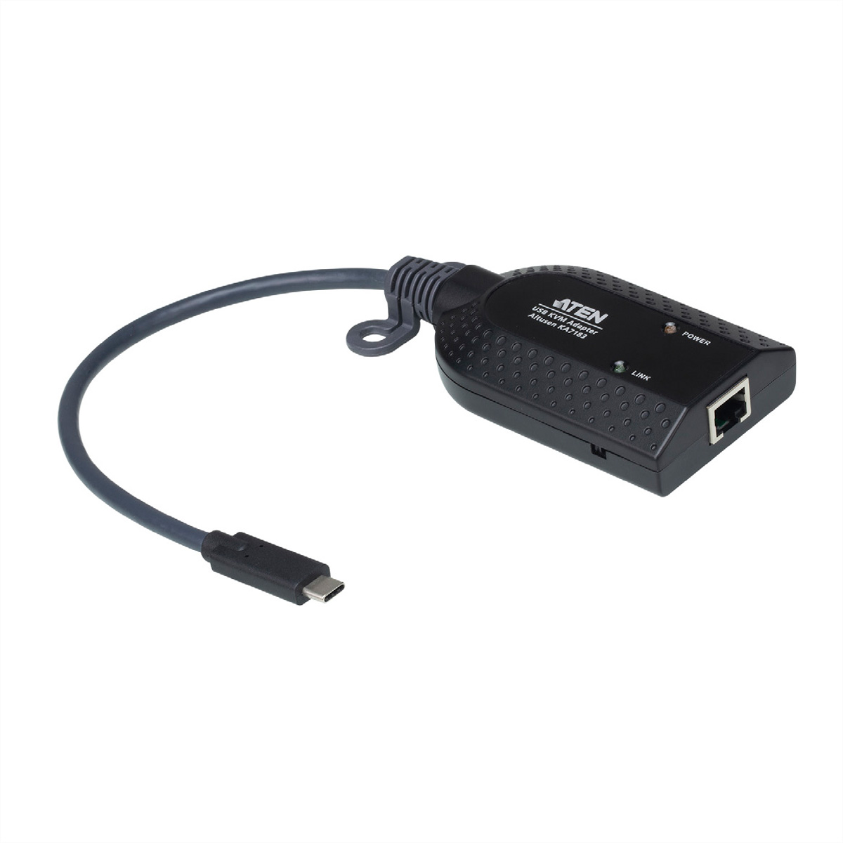 Schwarzer ATEN USB KVM-Adapter mit grauem Kabel und USB-C-Anschluss. Power- und Link-Anzeigen sind sichtbar.