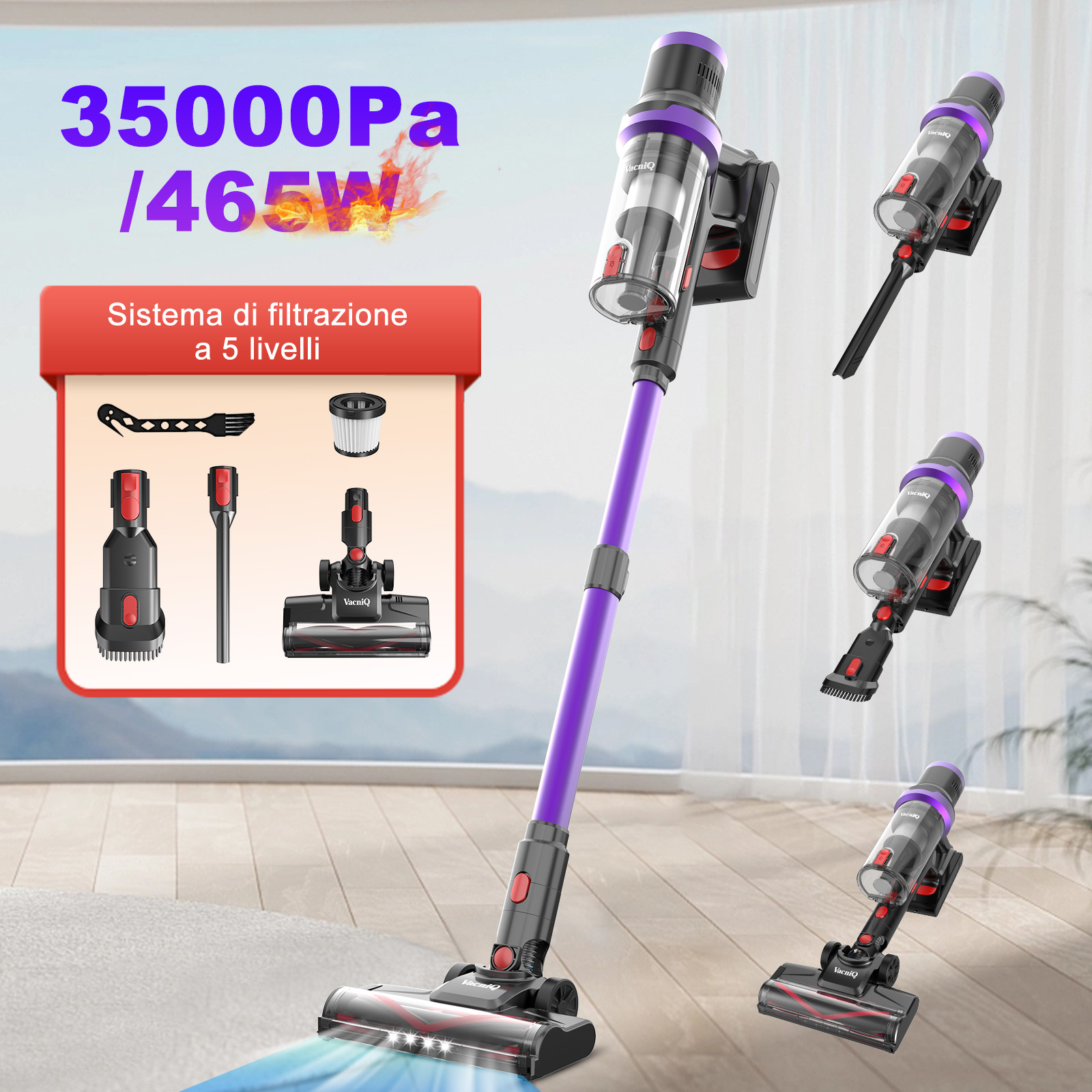 Un aspirapolvere senza fili viola e nero con accessori e filtro. Ha un display di 35000Pa / 465W.