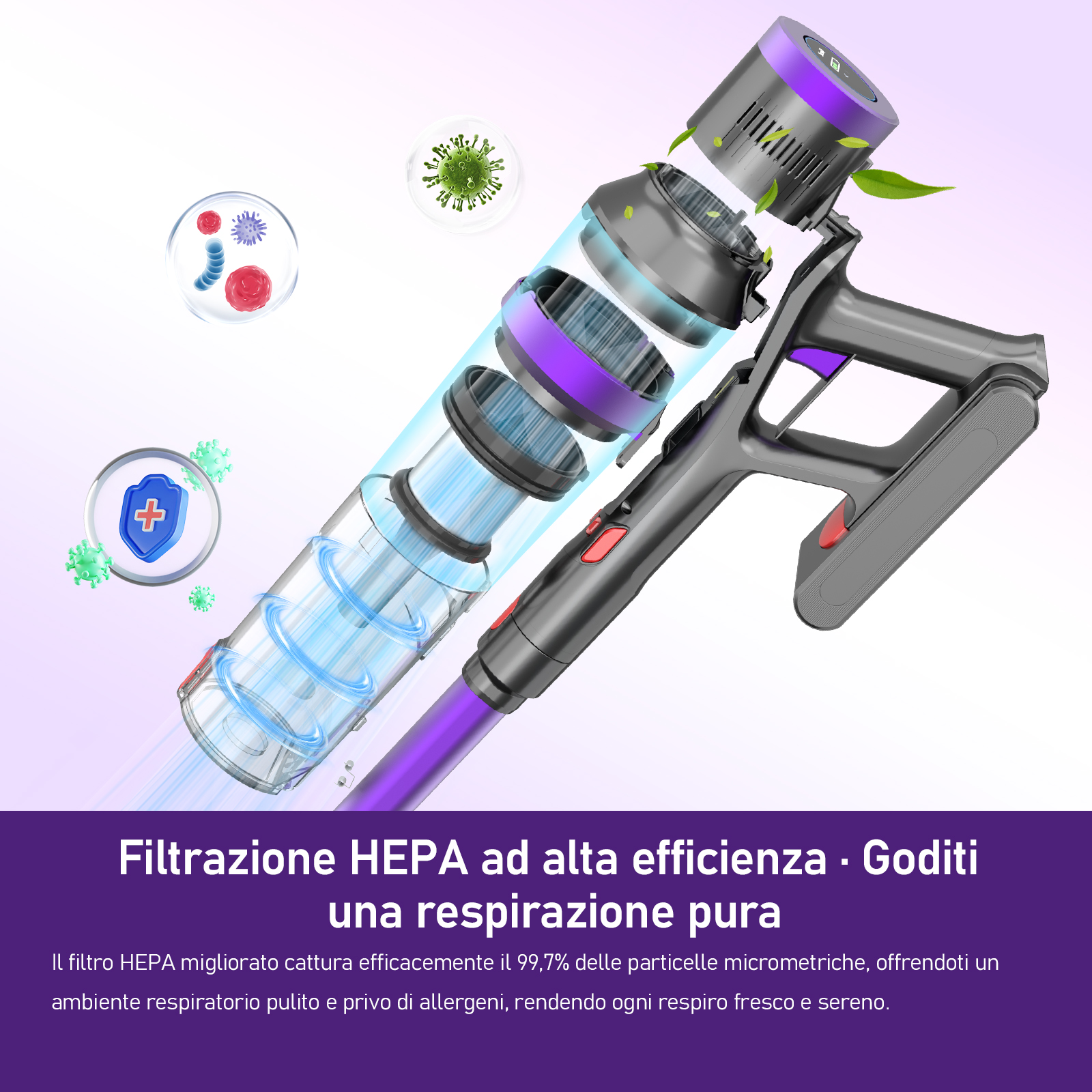 Vista esplosa di un aspirapolvere che mostra le sue parti e filtri, con batteri e virus fluttuanti.