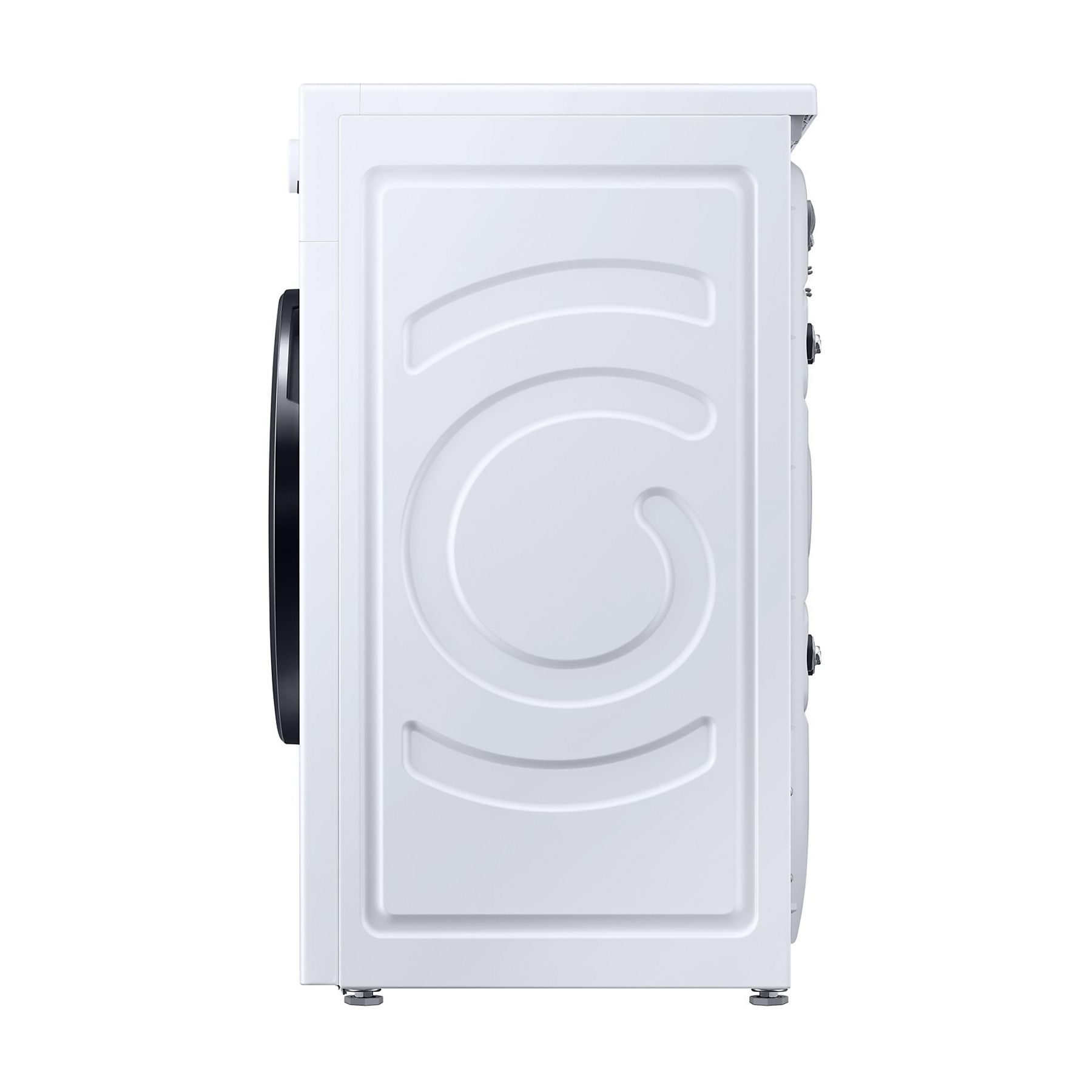 Widok z boku białej pralki. Ma czarne drzwi i dekoracyjny wzór z boku. Tło jest białe.