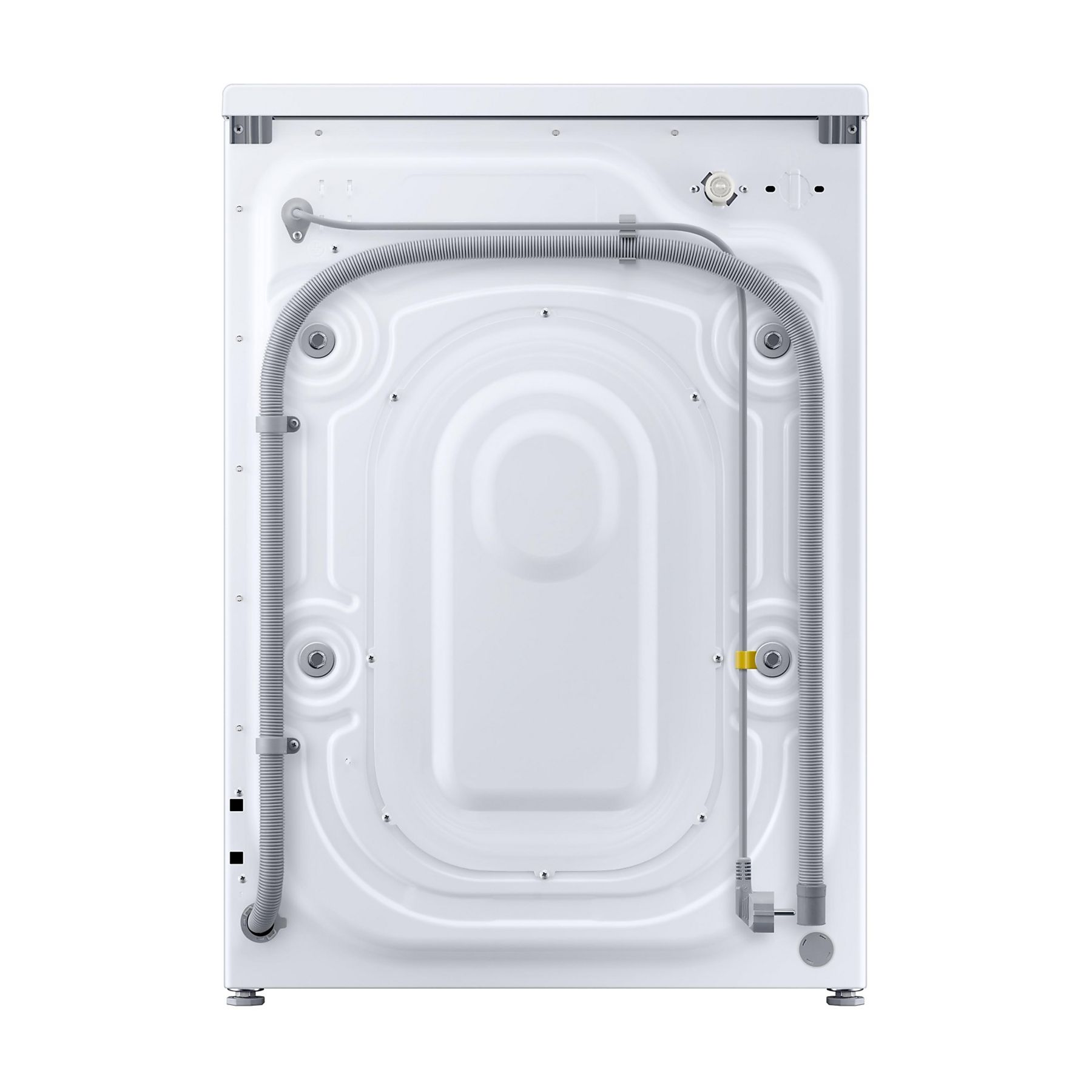 Tył białej pralki. Zawiera szary wąż, wloty wody i żółty zawór. Design jest czysty i funkcjonalny.
