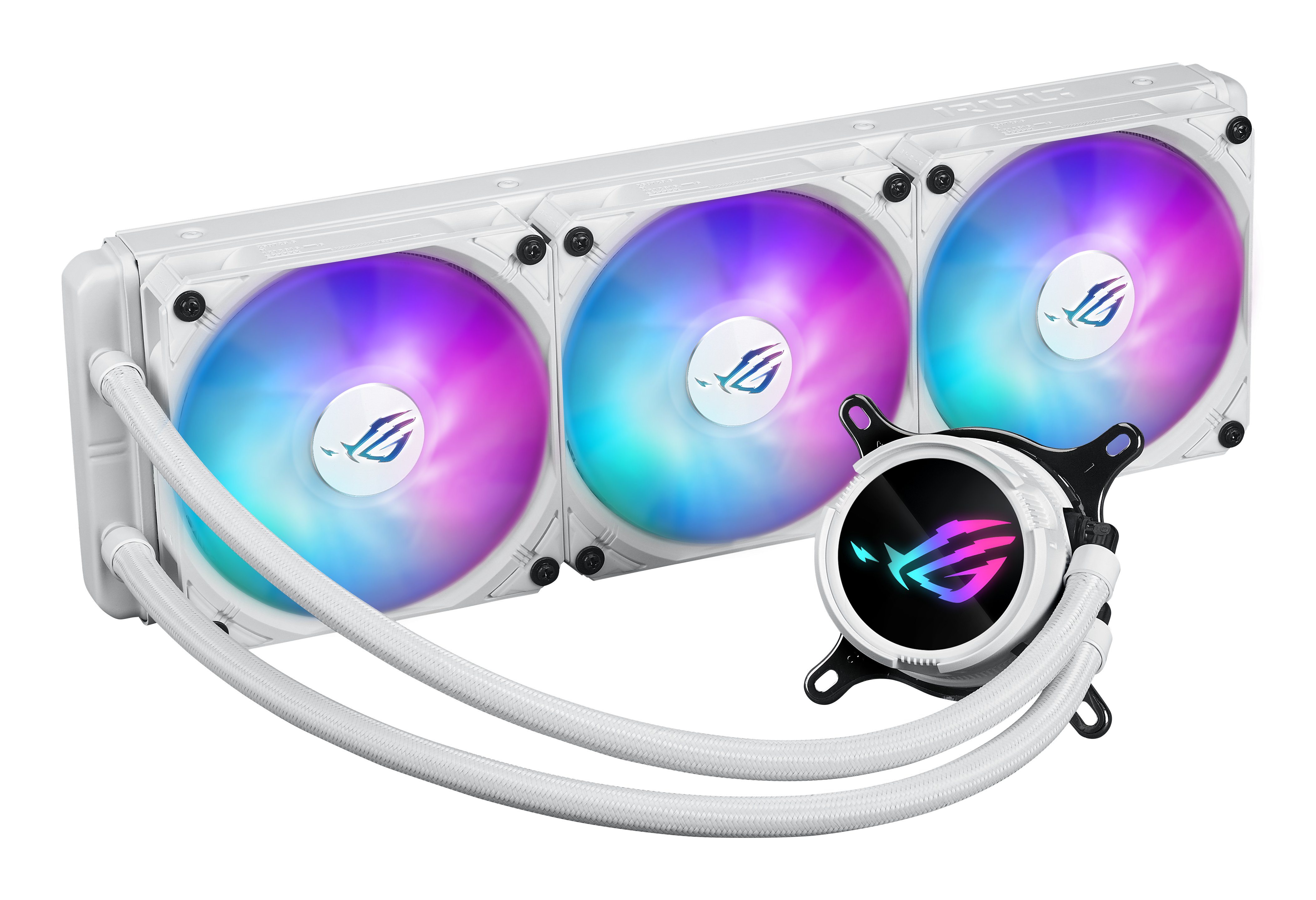 Biała chłodziarka cieczy do komputera z trzema wentylatorami pokazującymi kolorowe światła i logo ROG oraz pompą.